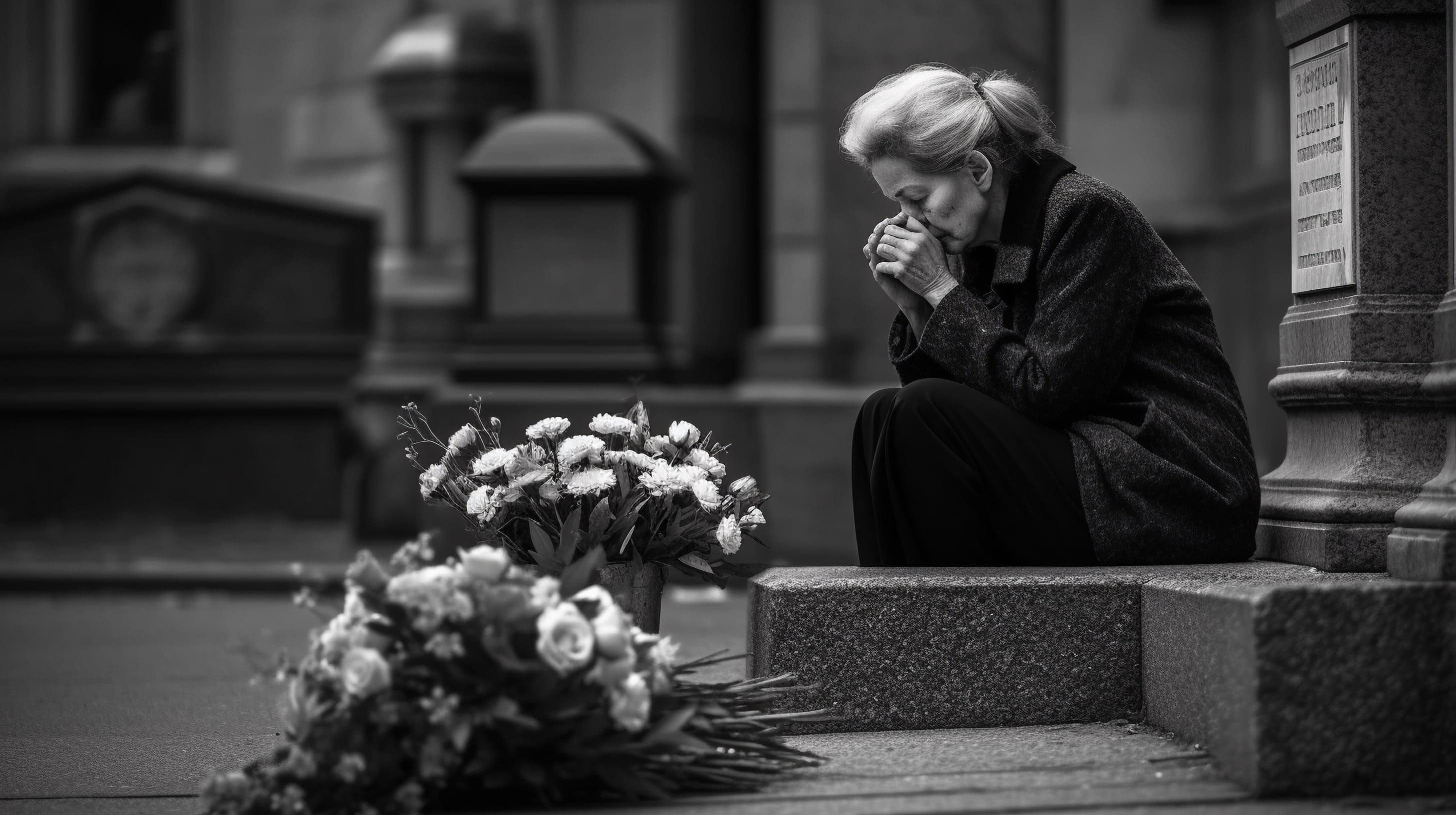 Пожилая женщина посещает могилу любимого человека