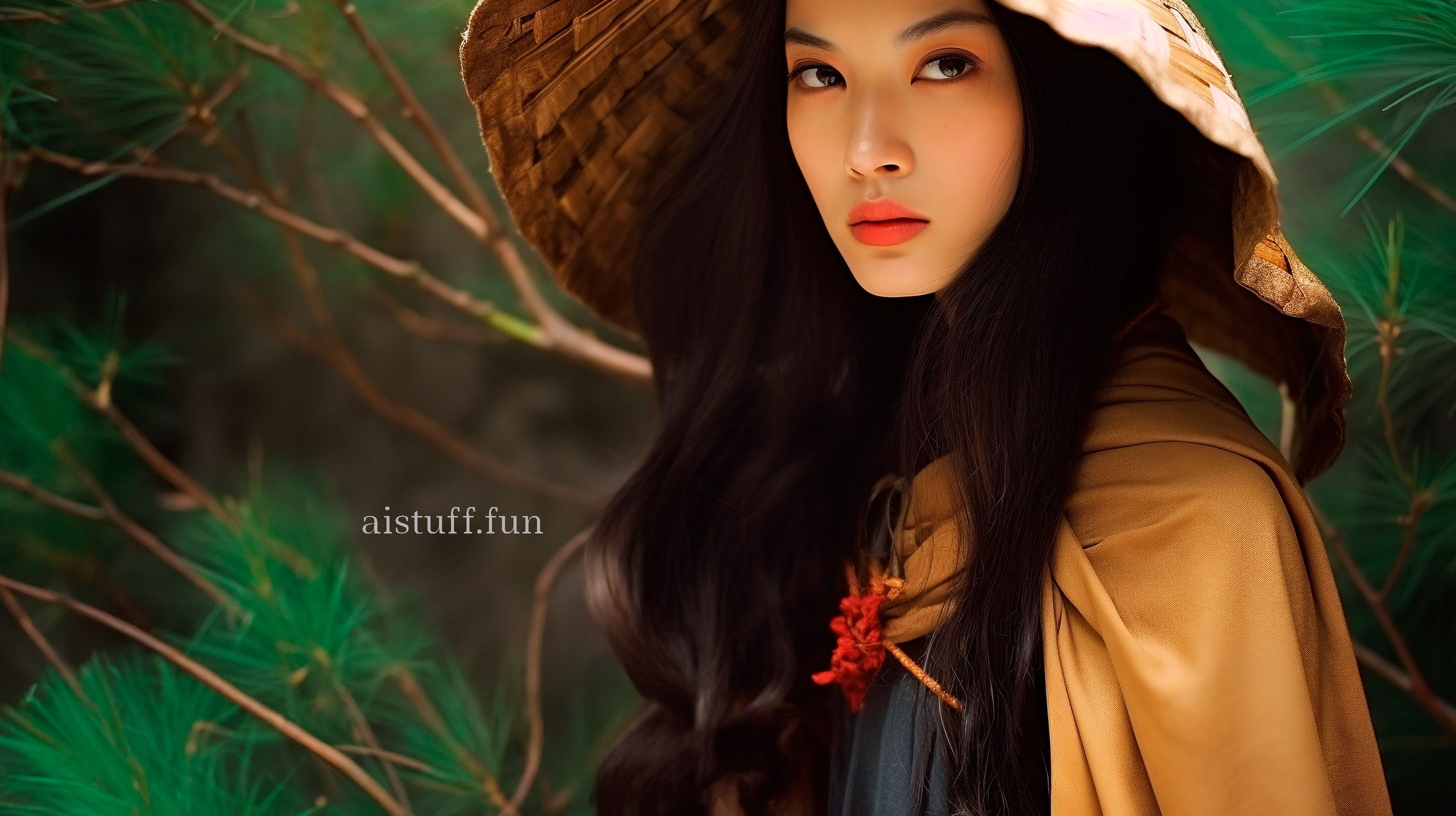 Beautiful Asian woman in a wicker hat in a coniferous forest