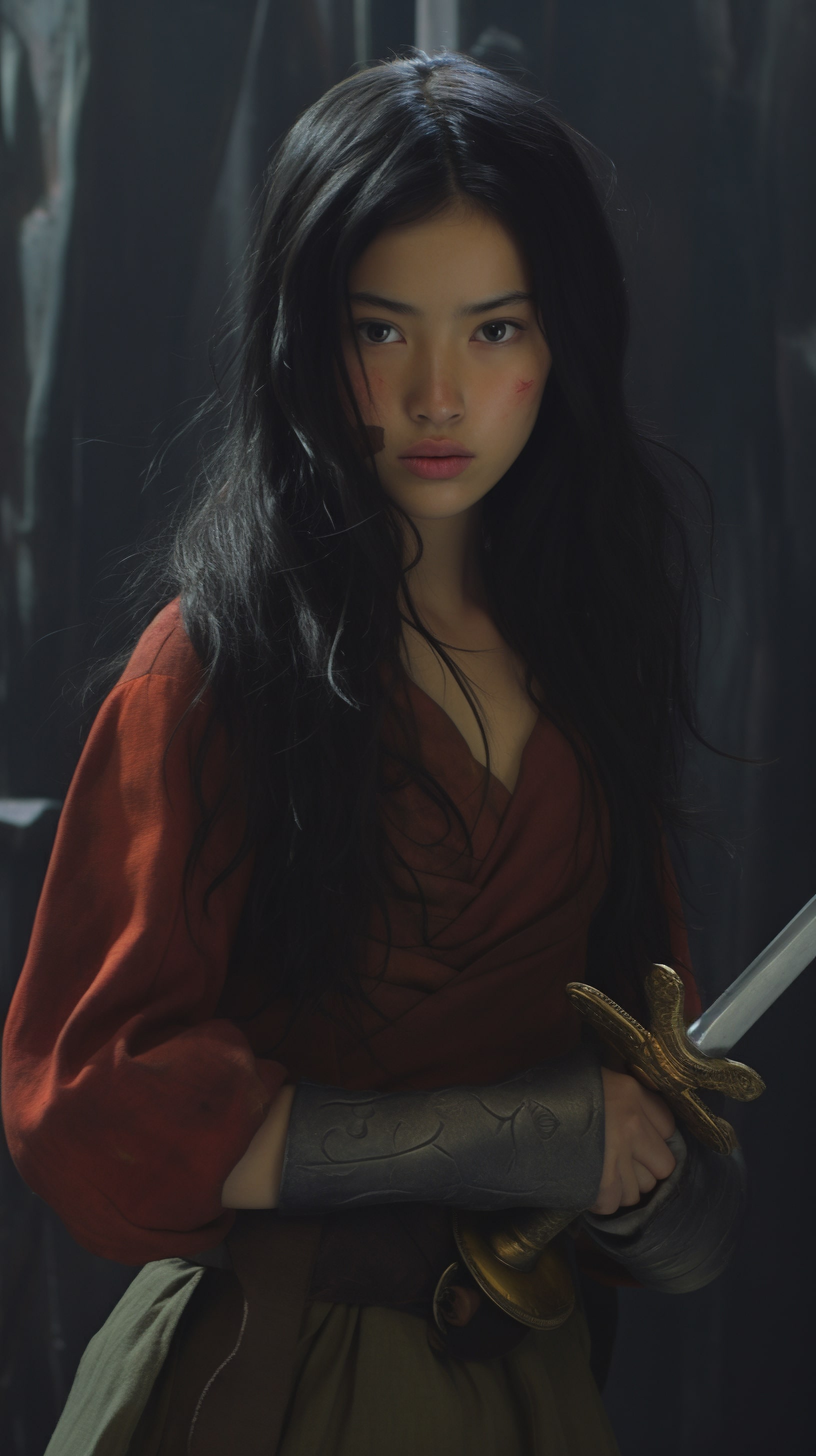 Азиатская девушка в красном наряде держит в руках меч