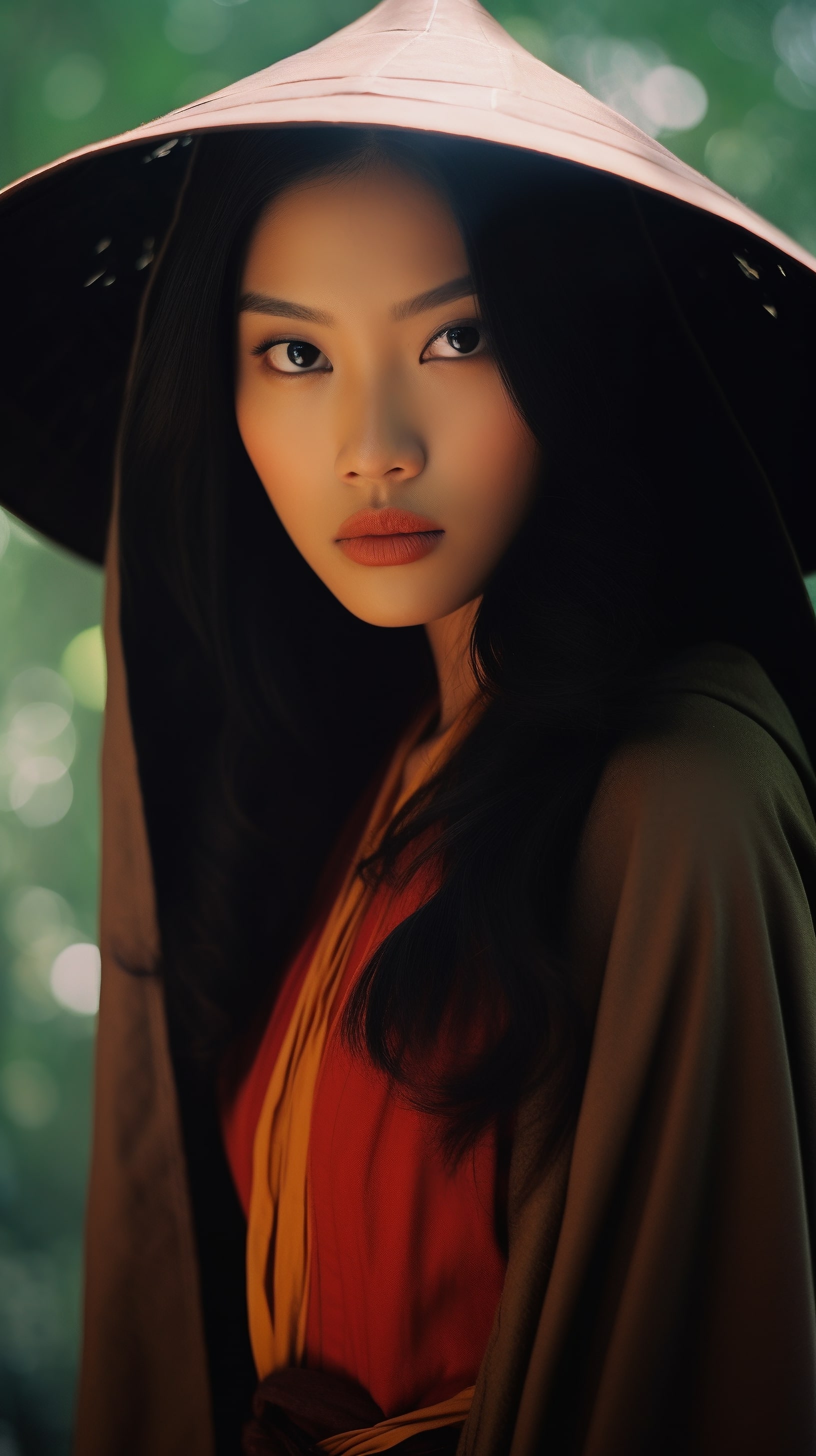 Молодая азиатка в конусной шляпе и национальном костюме
