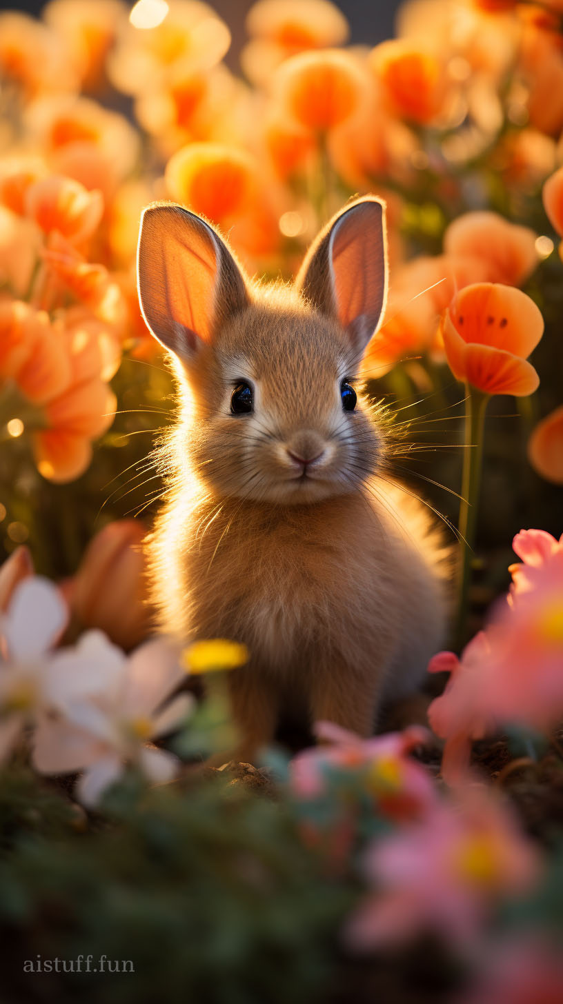 малыш-кролик сидит в цветочном поле в утреннее время суток