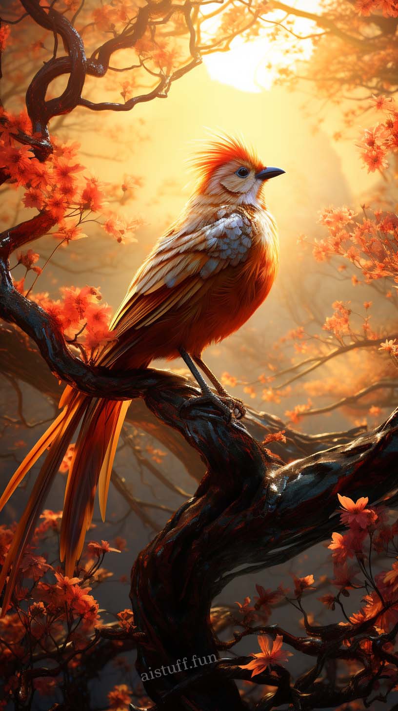 красивая красная птица сидит на ветке на заре дня