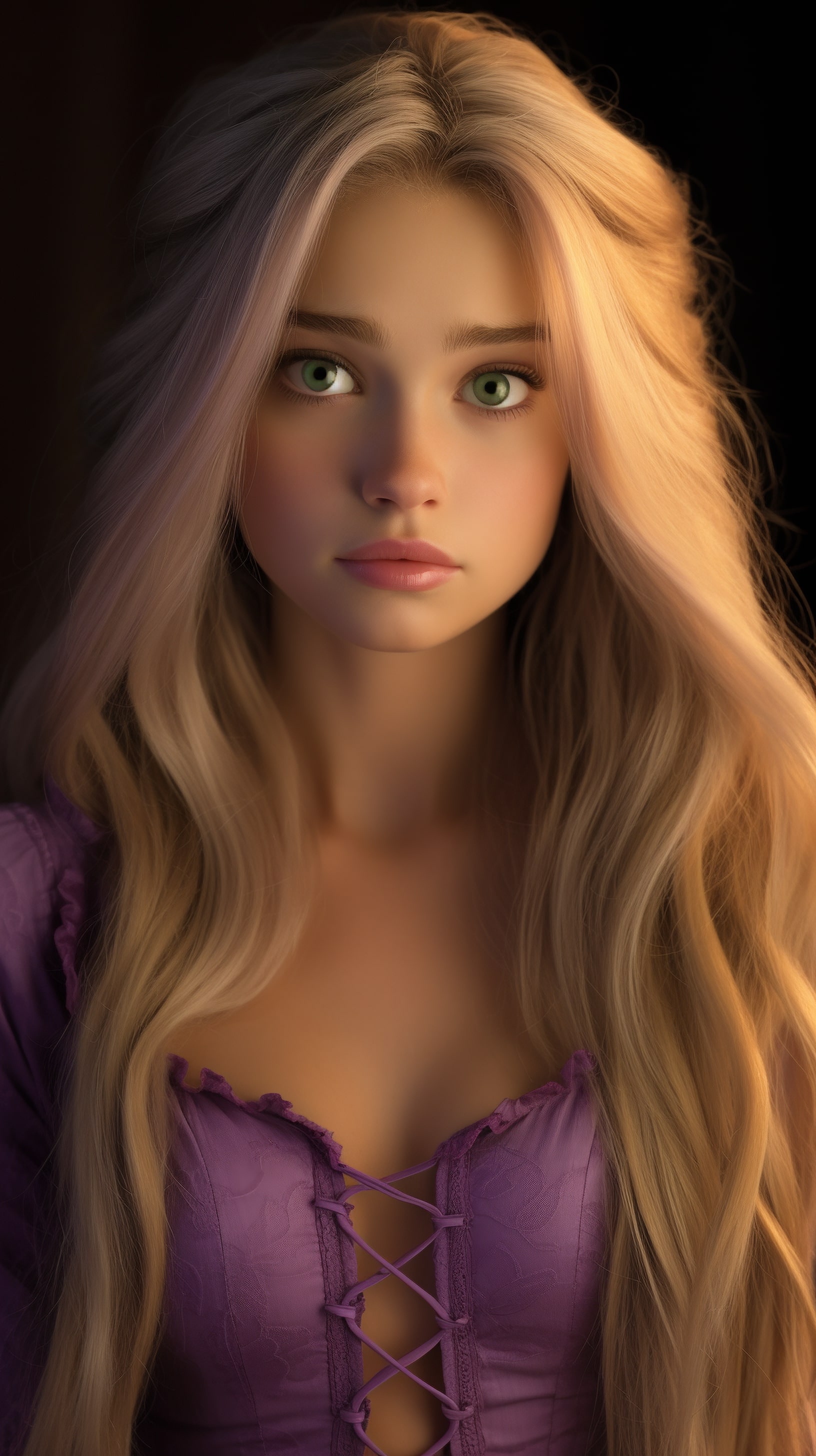 Green-eyed blonde in a purple dress