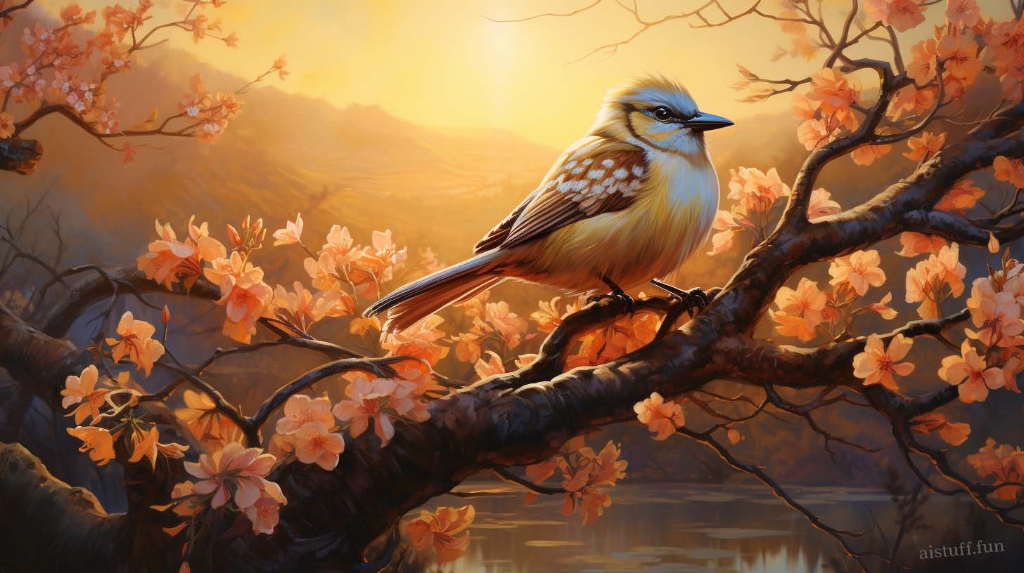Сидящая на ветке ранним утром птичка 