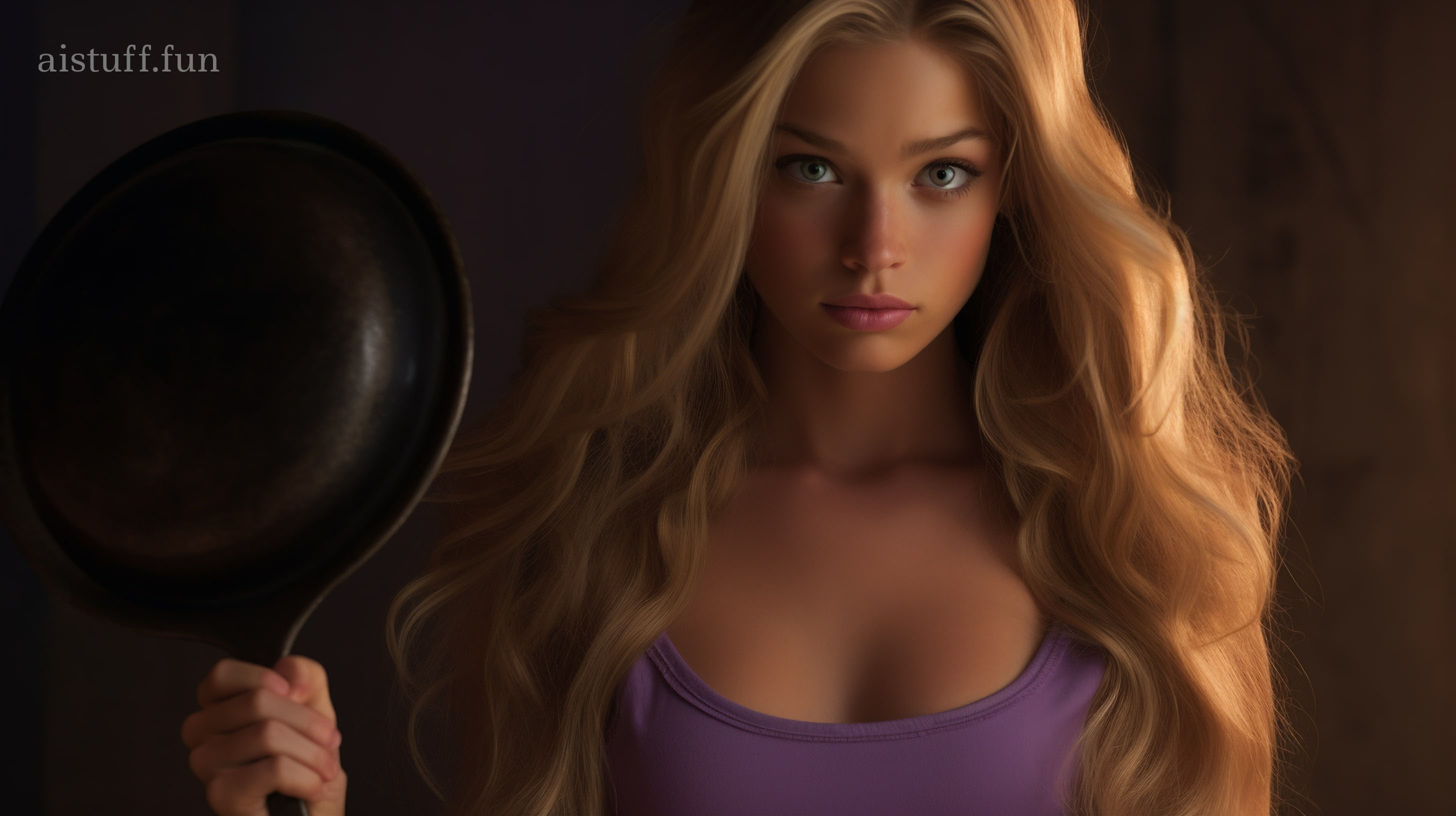 A girl with golden hair holds a frying pan in her hands