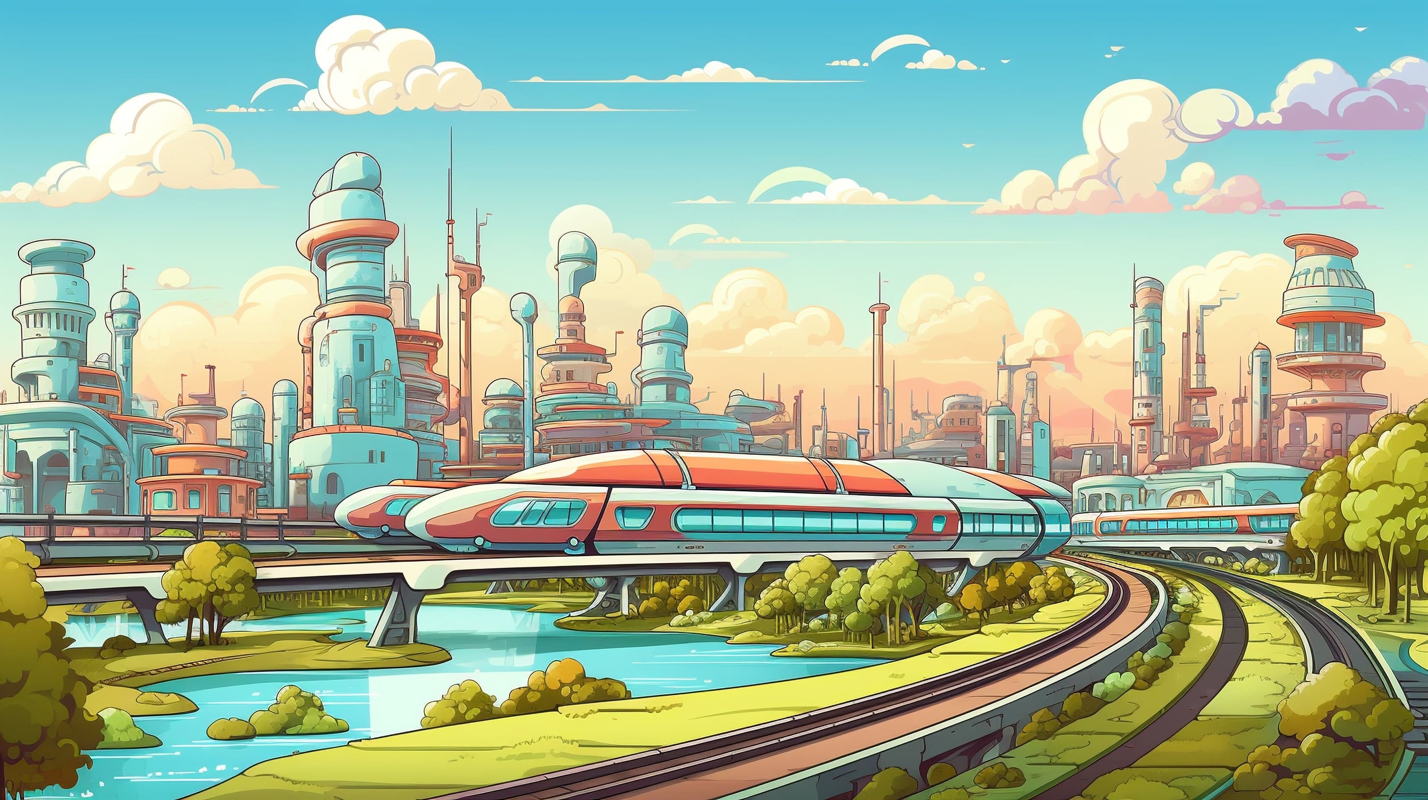 Скоростной поезд на фоне индустриального города будущего 