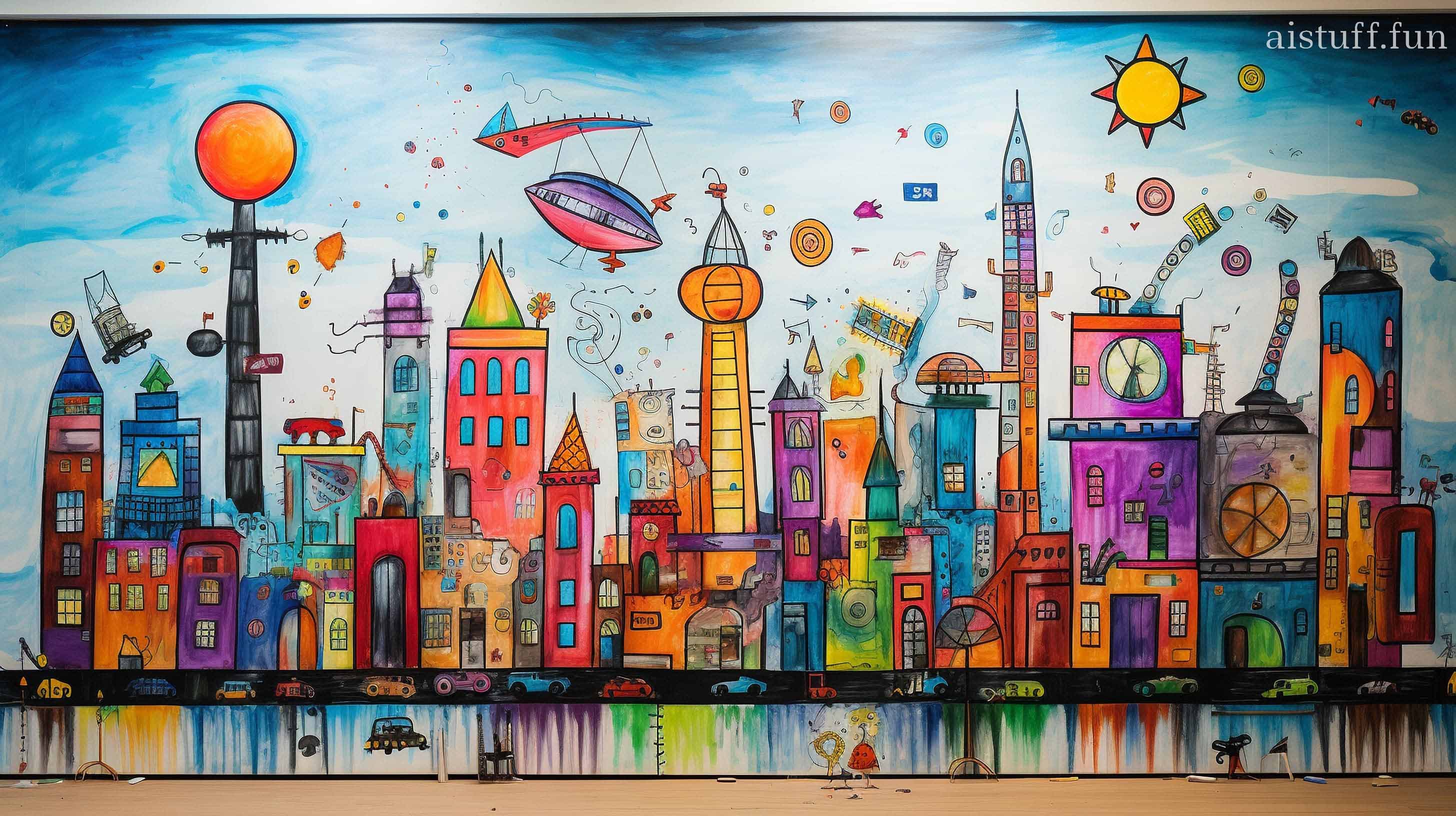 Детский рисунок акварелью города с инопланетянами и летающими предметами 