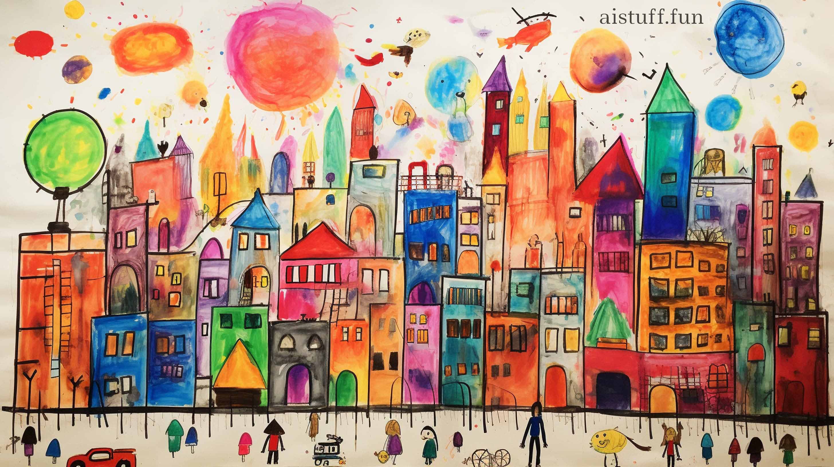 Детский рисунок города, нарисованный фломастерами