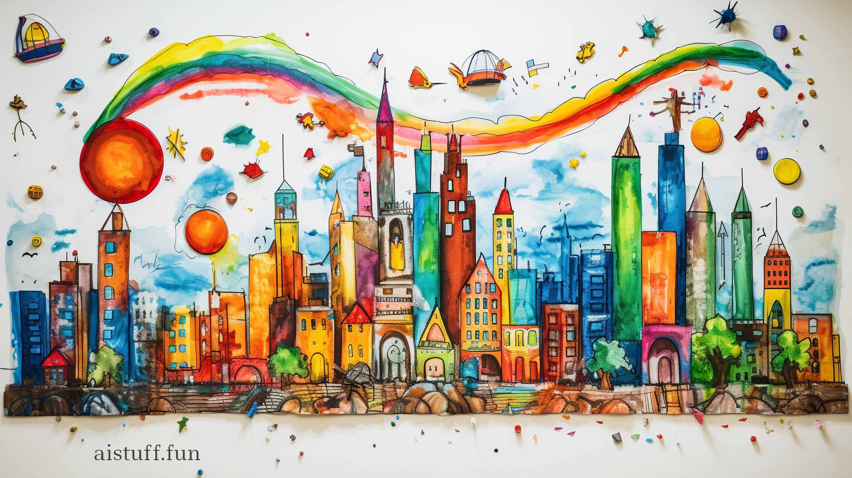 Детский рисунок города будущего с вклеенными бумажными вставками