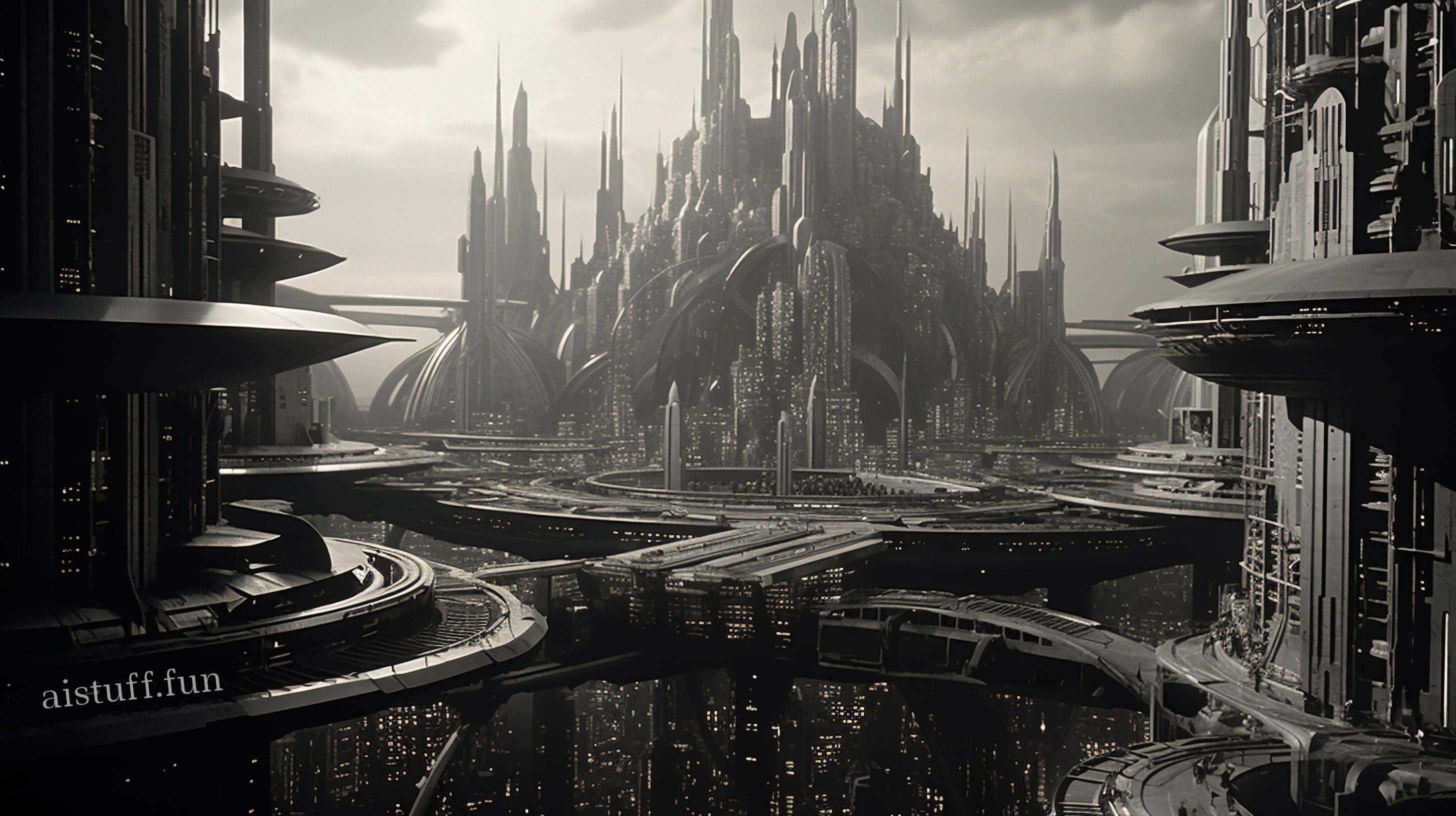Мрачный город будущего в готическом стиле