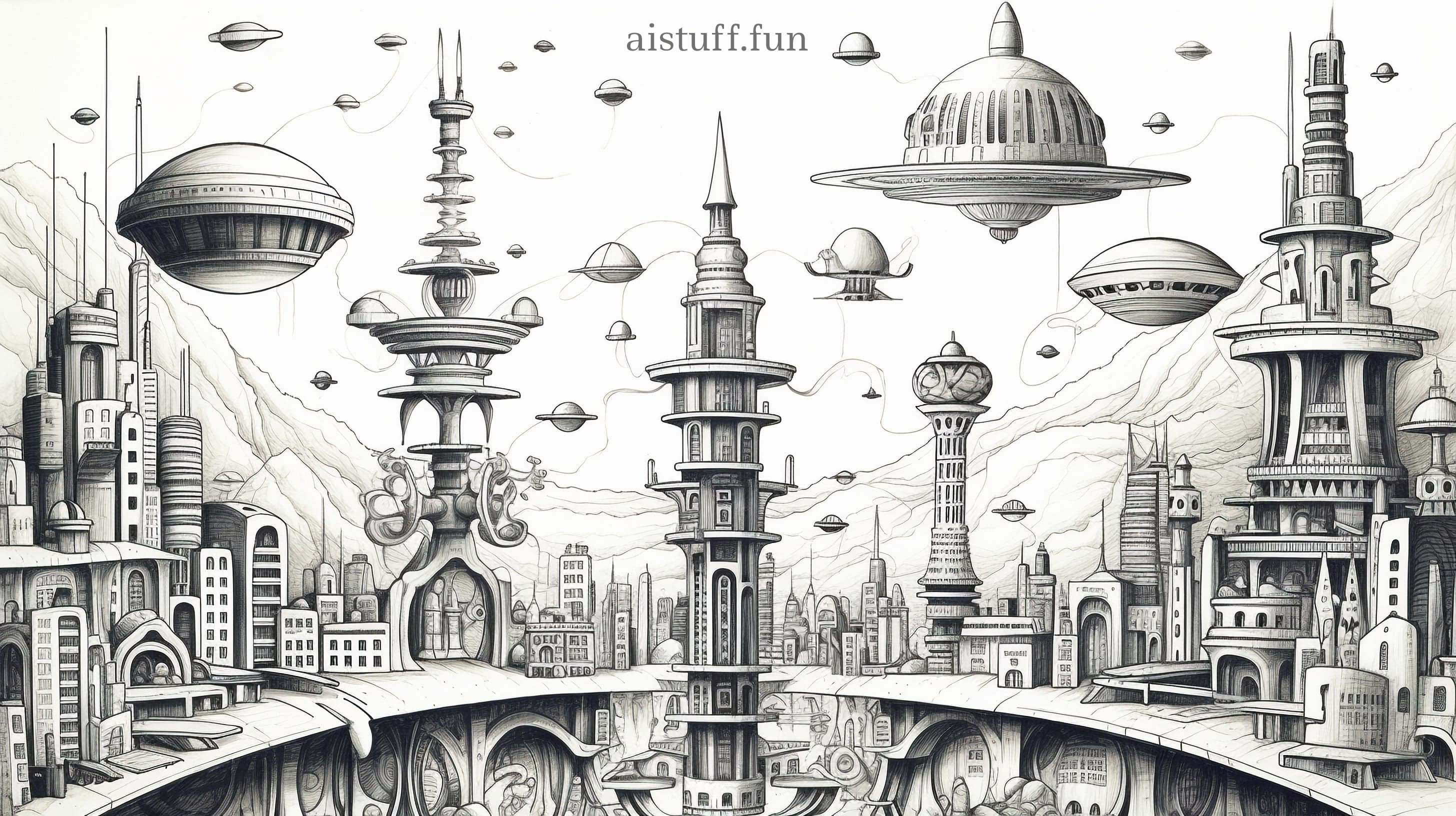 Карандашный рисунок летающих тарелок в городе будущего