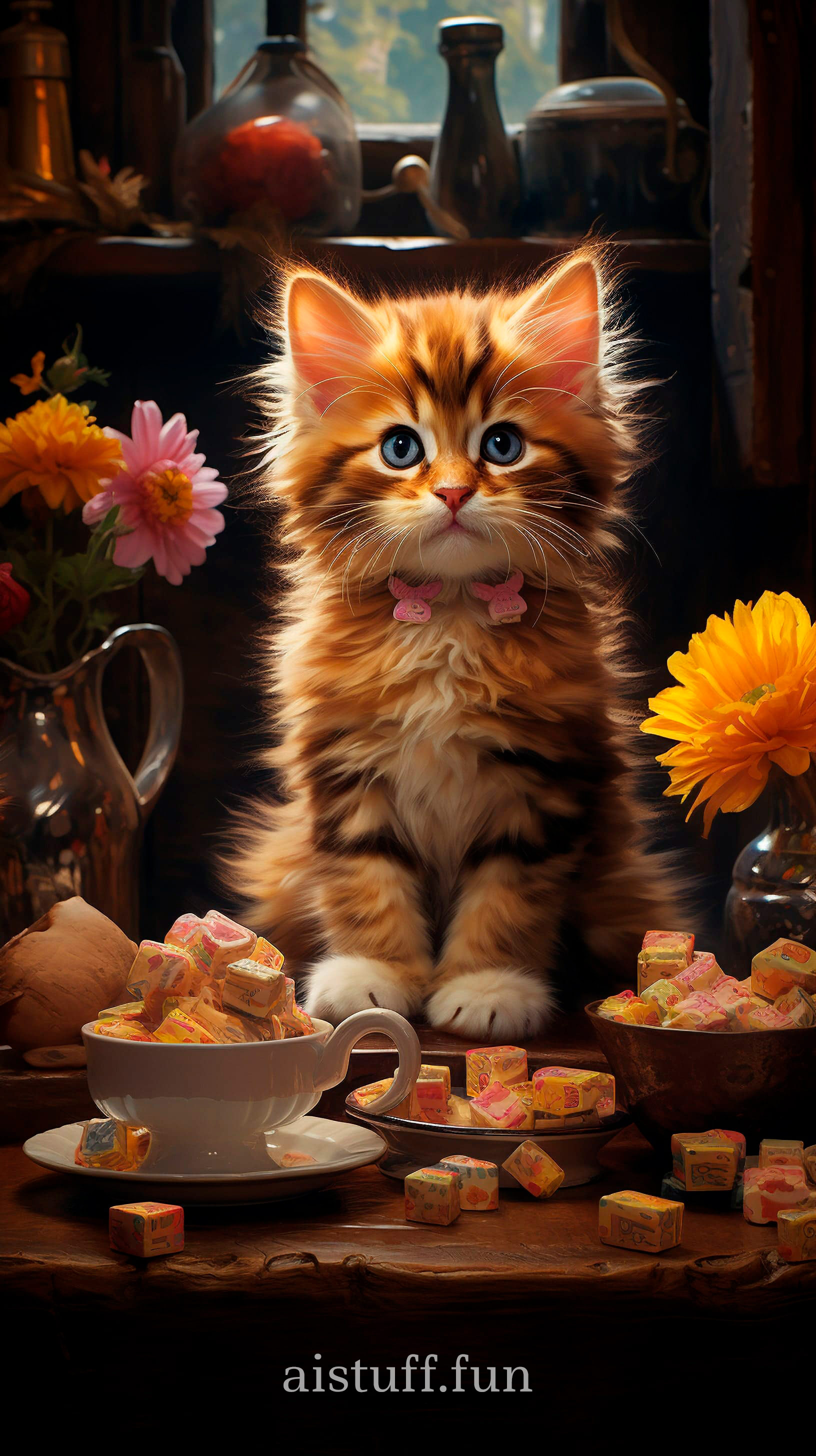 милый котенок сидит на столе со сладостями
