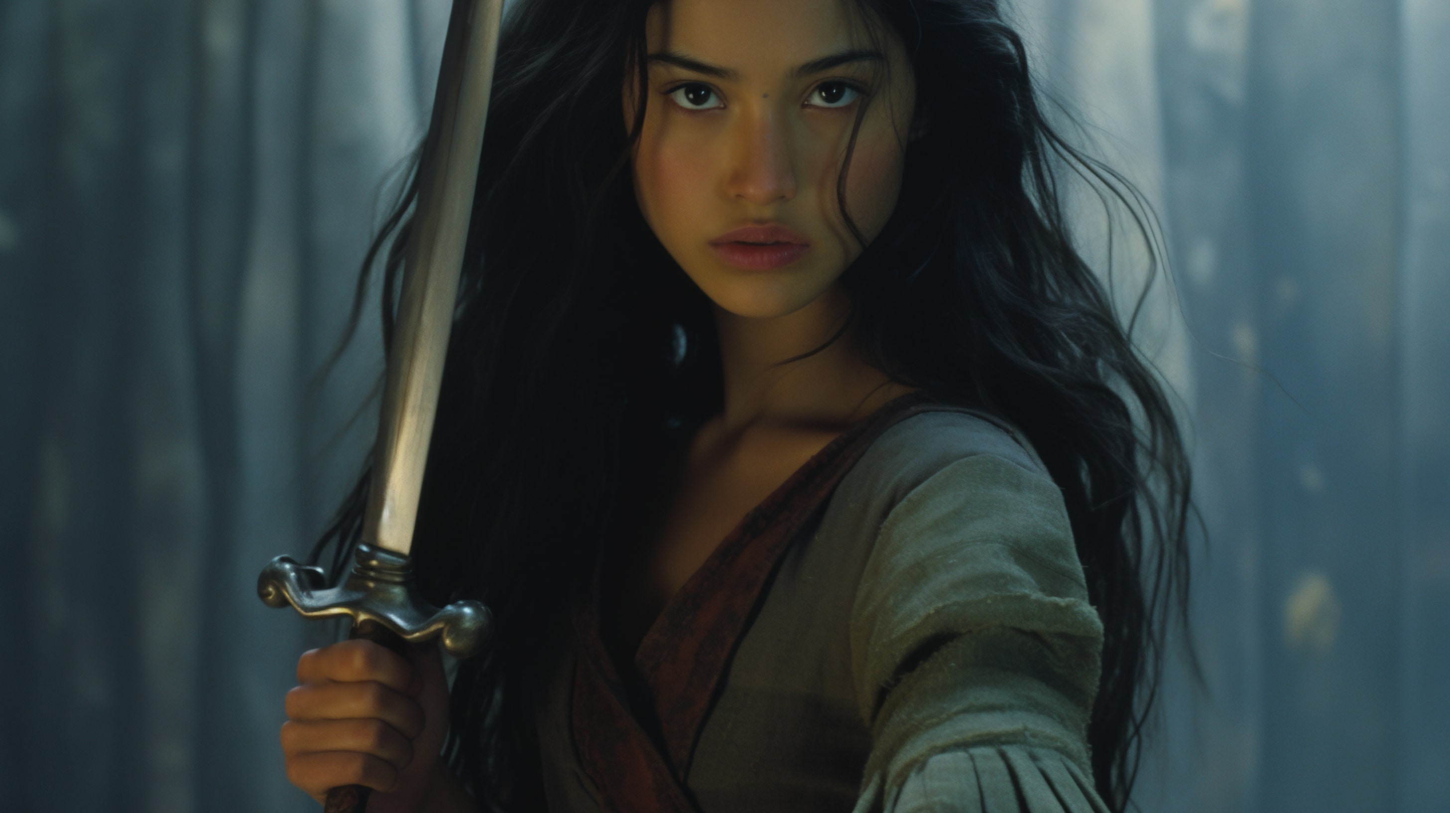 Темноволосая воинственная девушка с мечом в руках