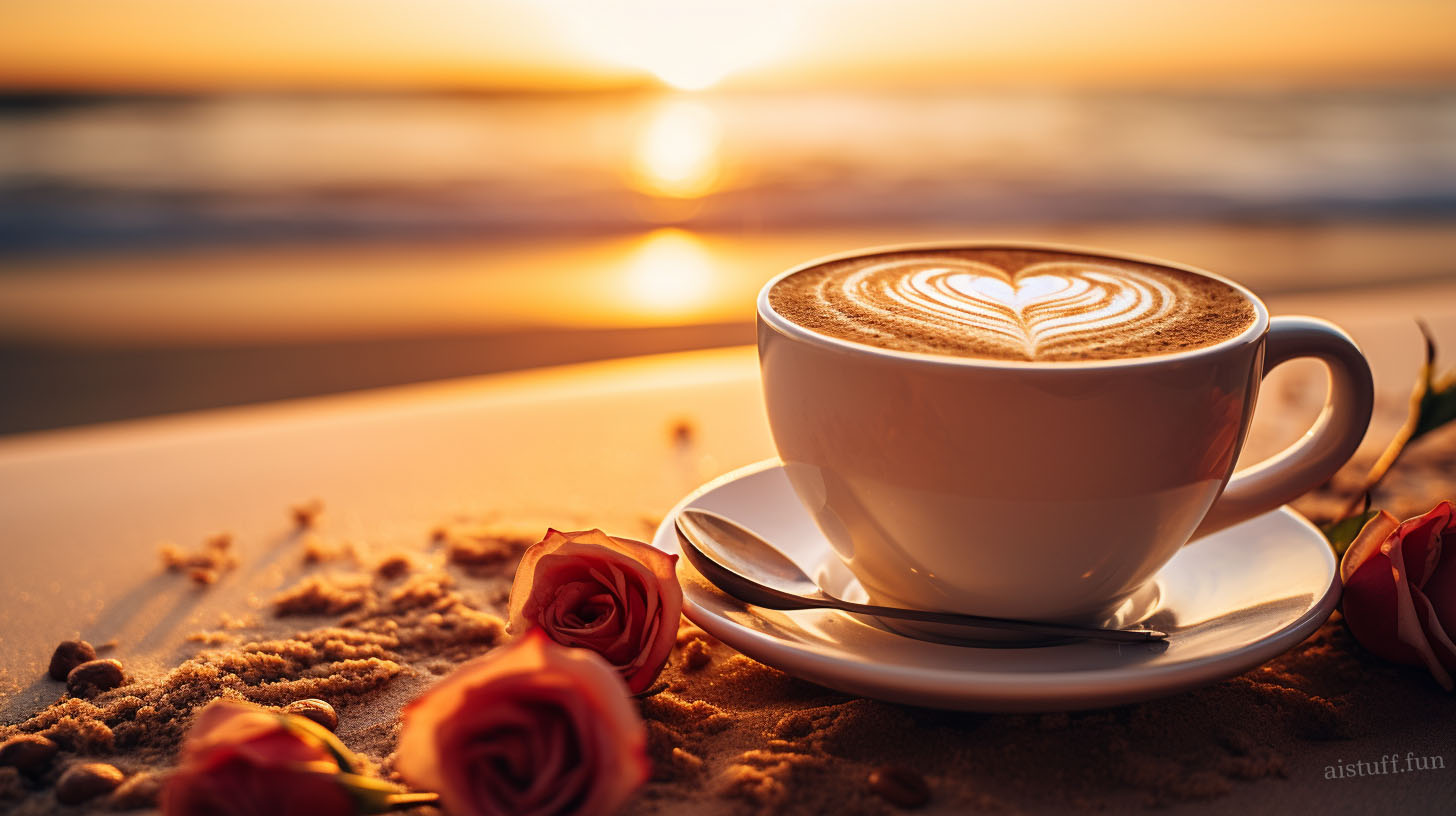 Доброе утро на пляже с чашкой кофе