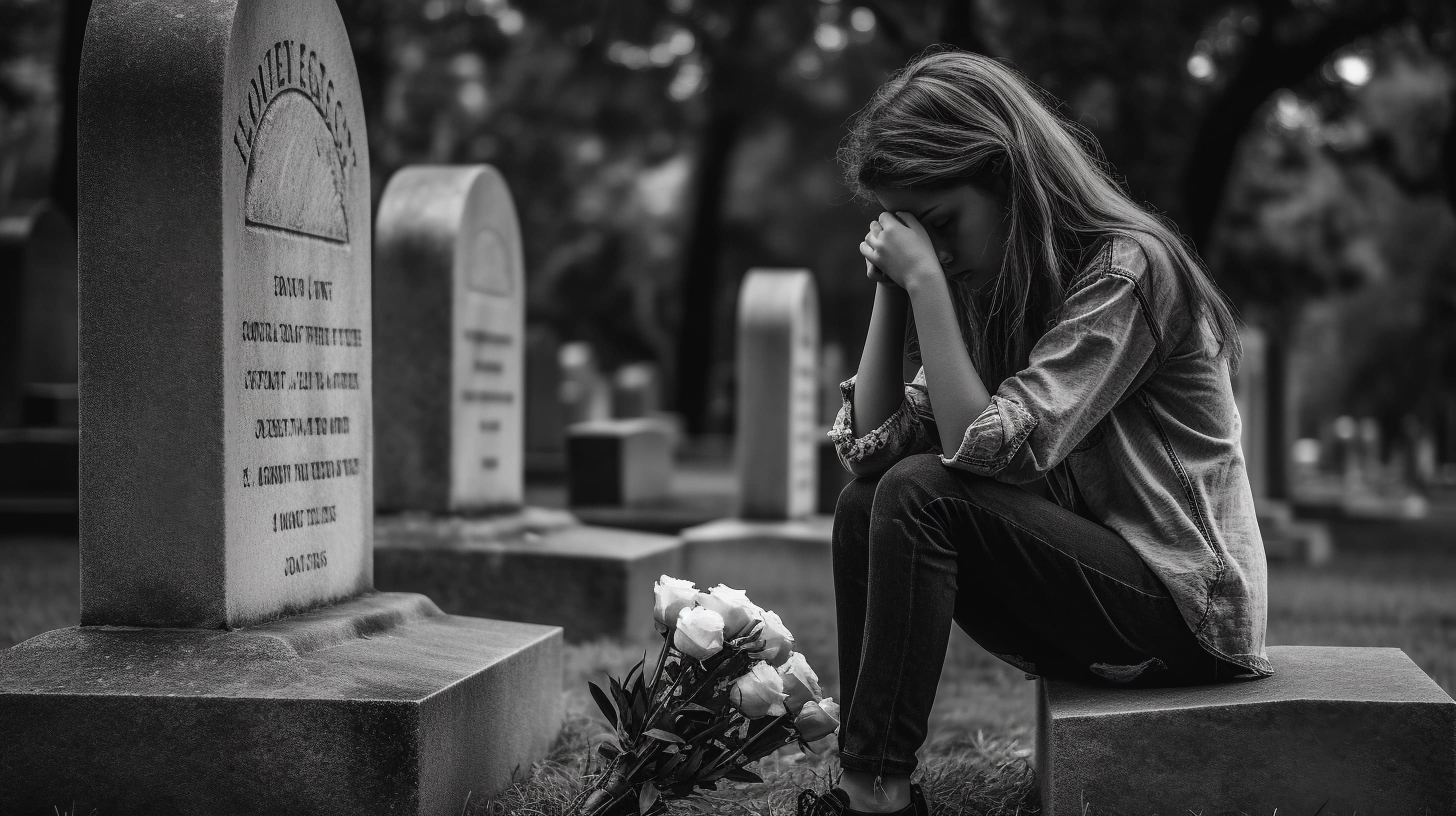 девочка сидит у могилы родителей