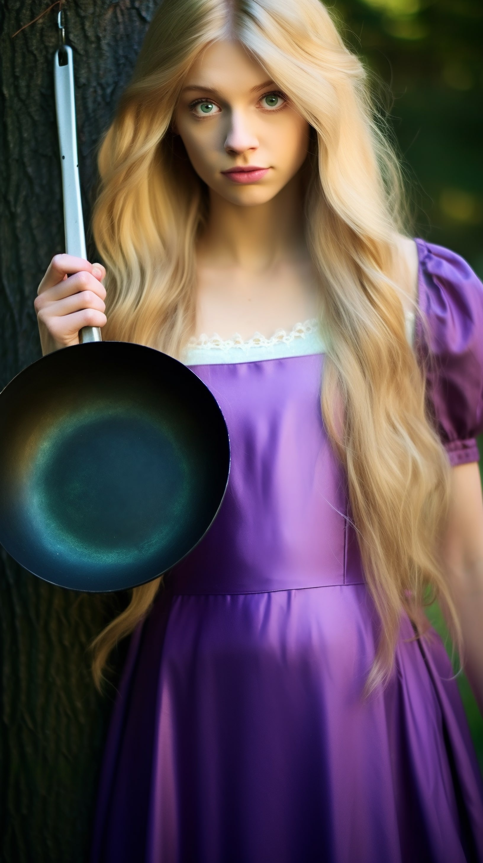 A girl in a purple dress holds a long frying pan in her hands