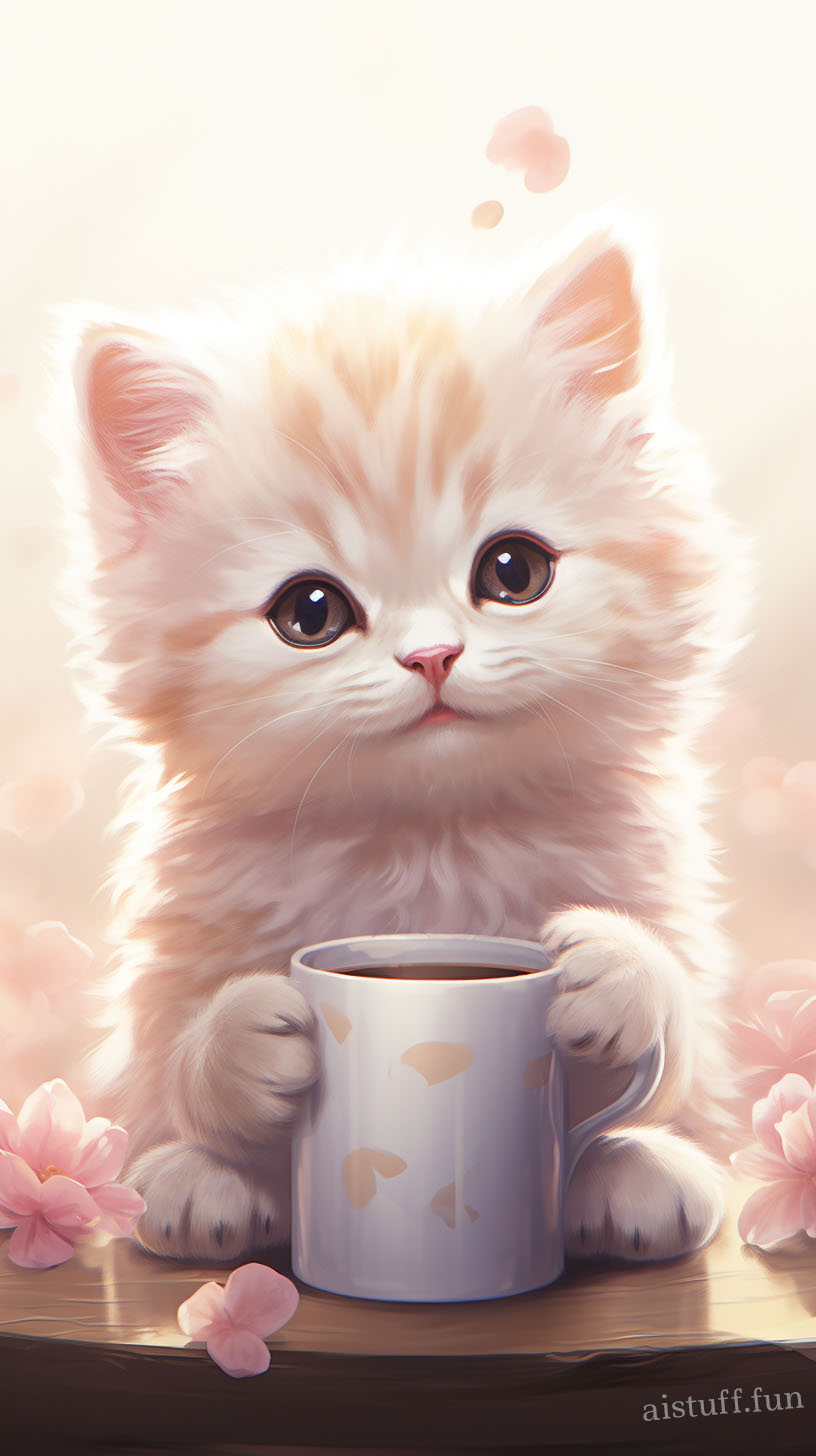котенок держит в лапках чашку кофе