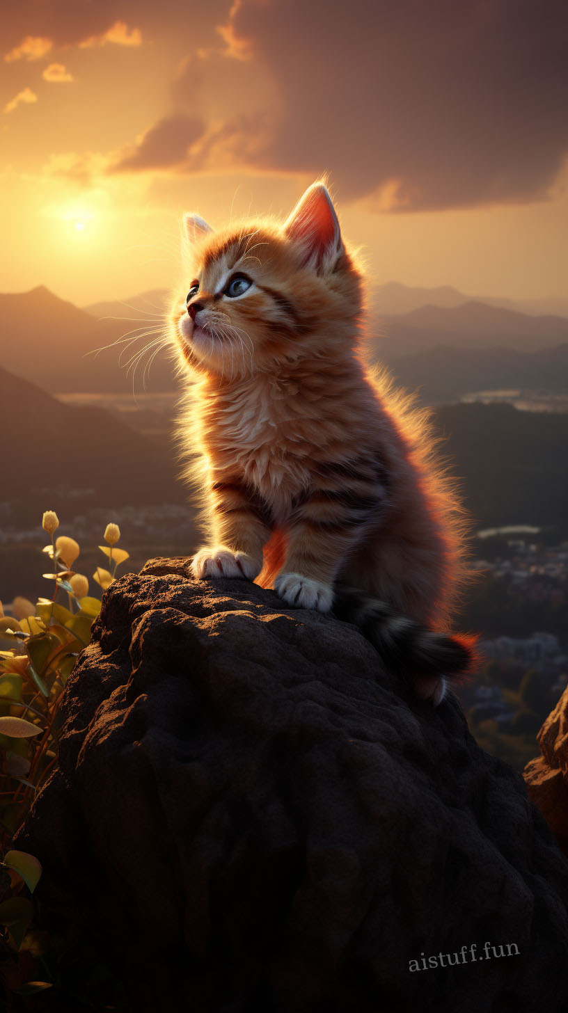 котенок, сидя на горе, встречает восход солнца