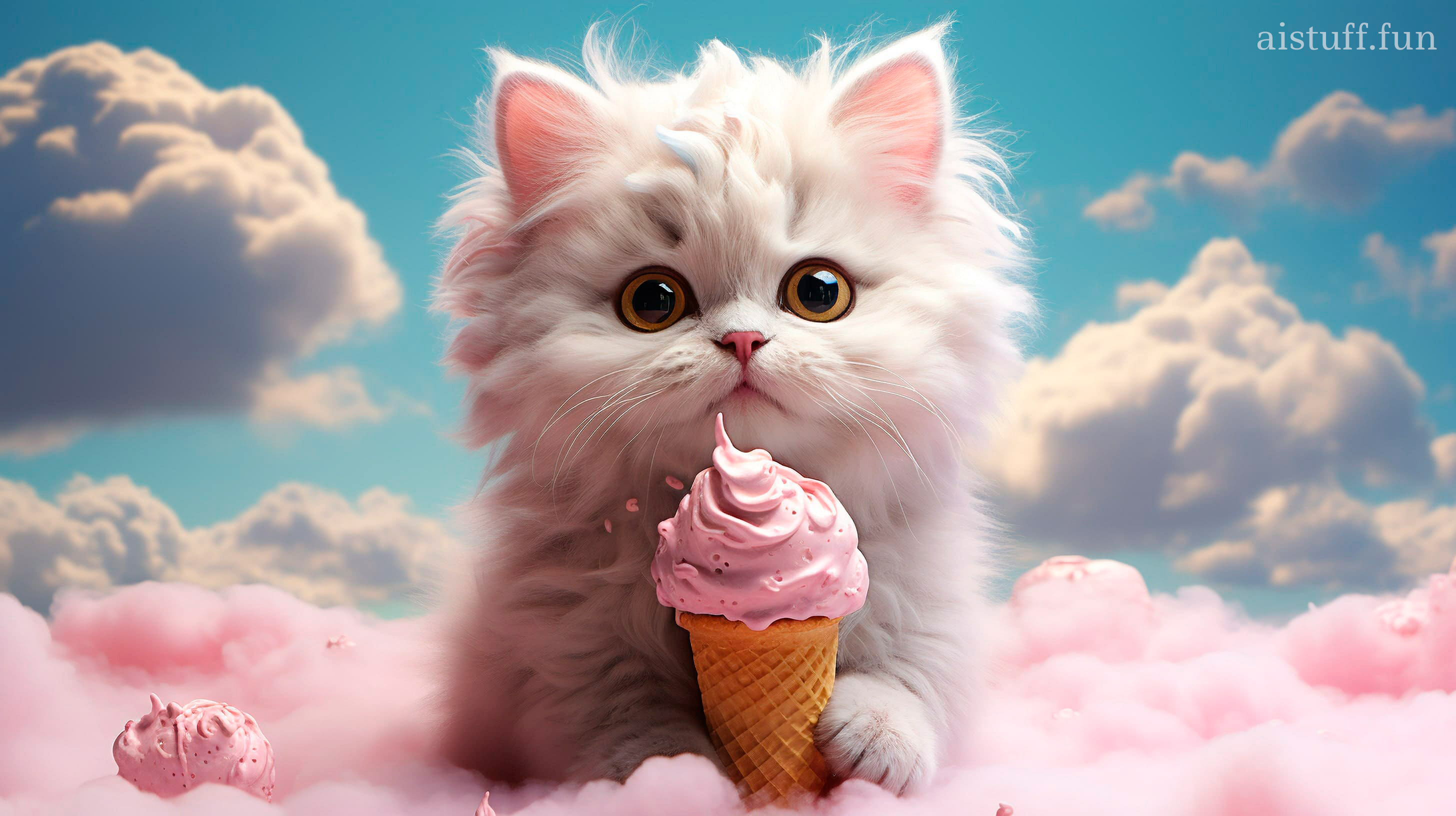 котенок держит мороженое в лапках
