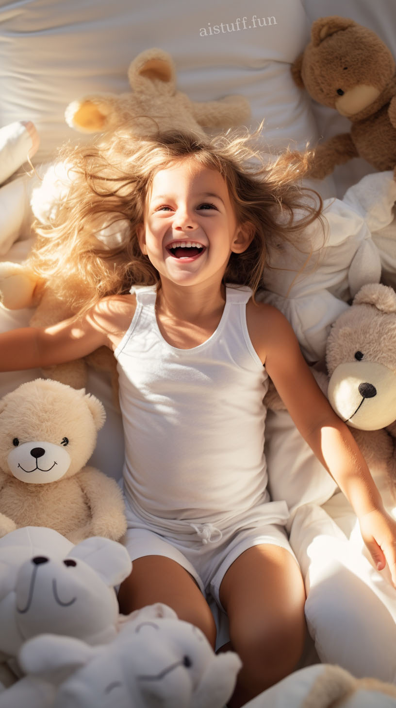 утро радостной маленькой девочки, лежащей на кровати в окружении игрушек