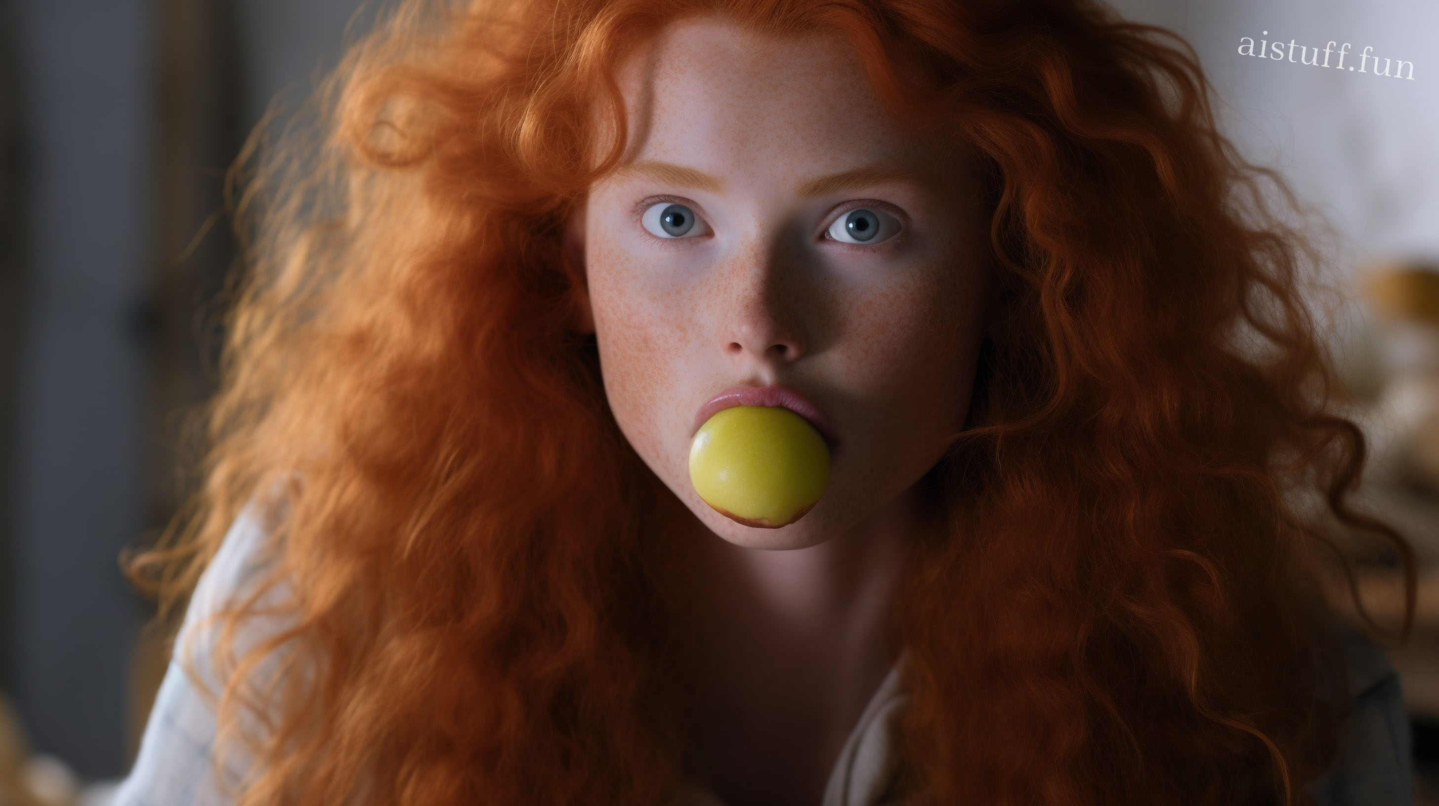 Фото Мериды с яблоком во рту