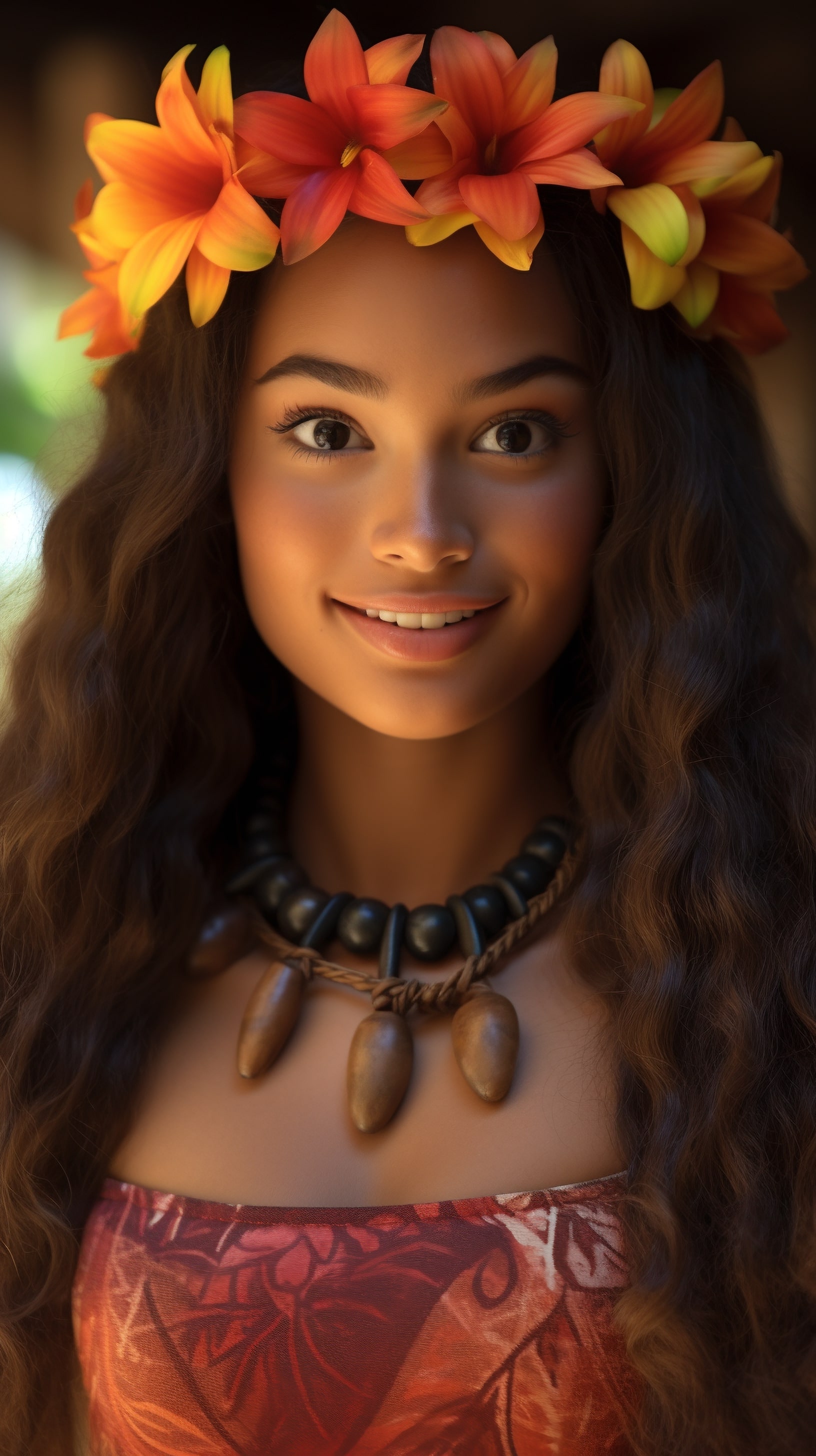 ИИ-фото Моаны с цветочным венком на голове