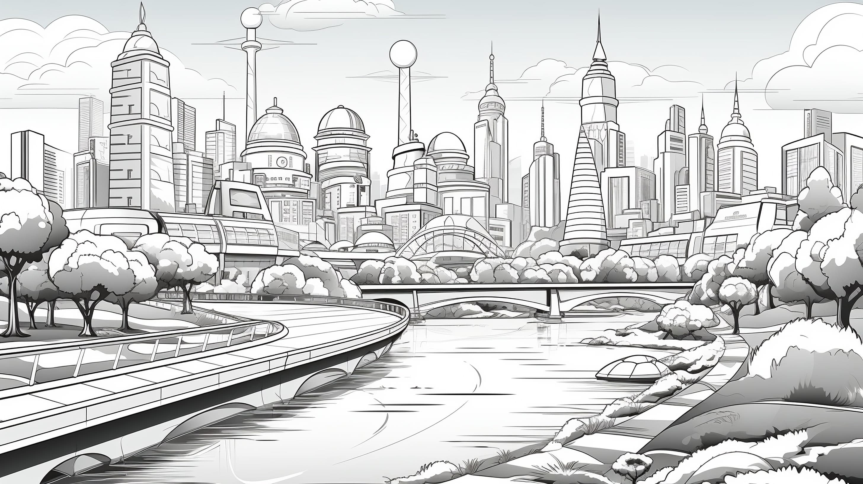цифровой черно-белый рисунок мегаполиса