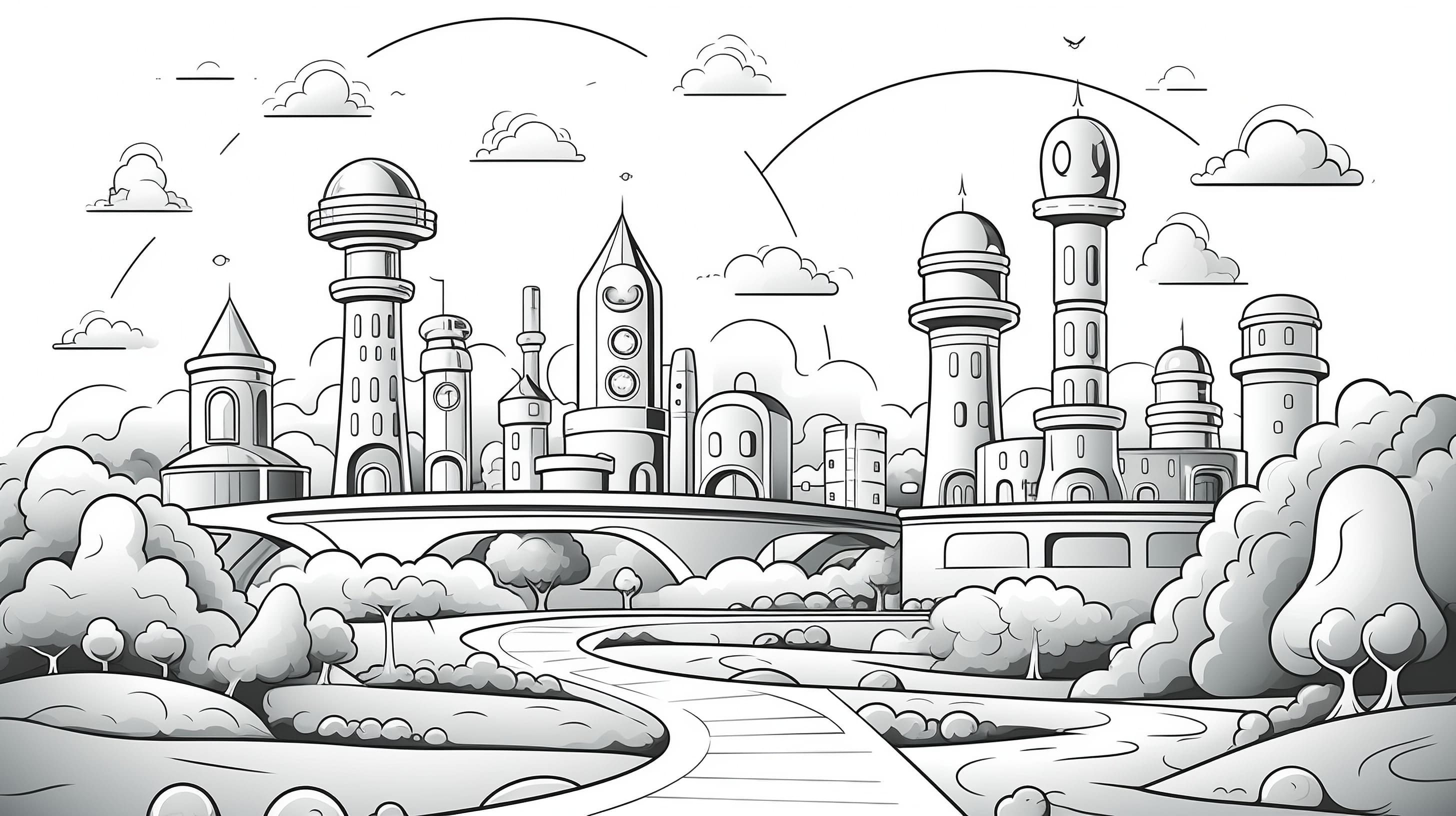Черно-белый рисунок маленького городка с домами в форме ракет