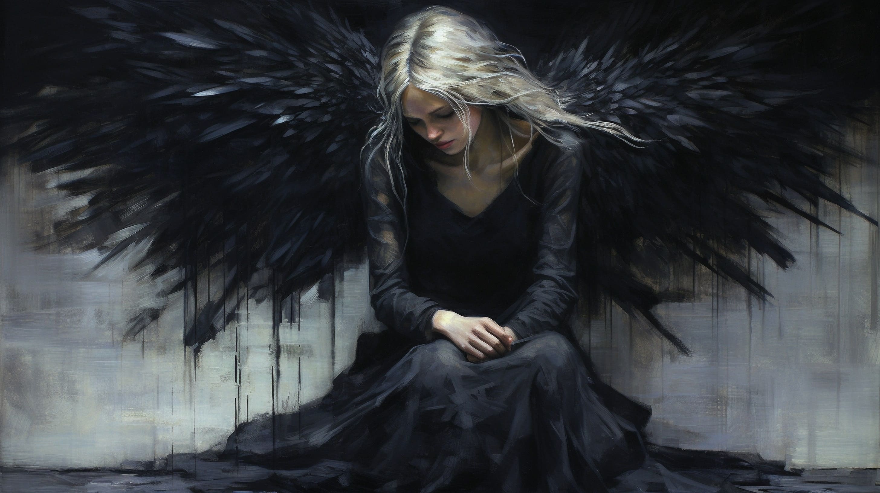 скорбящая женщина в черном с черными крыльями