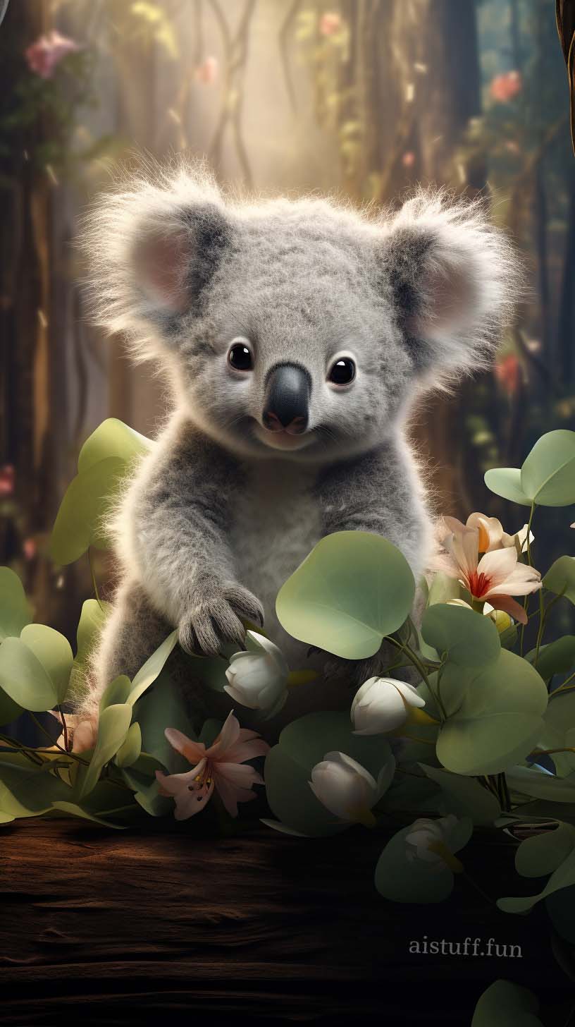 милая коала стоит утром в лесу
