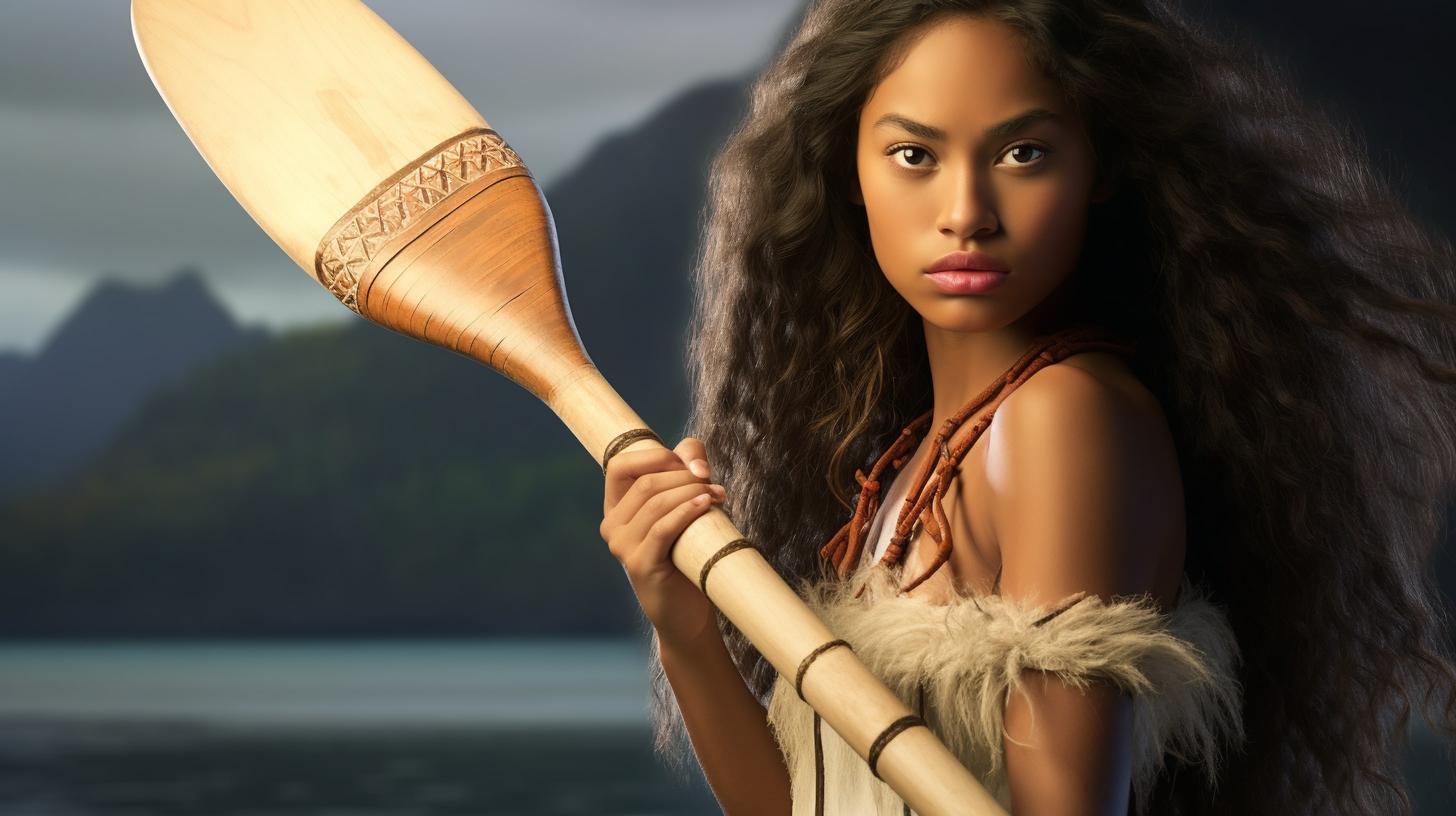 Девушка-островитянка держит в руке лодочное весло