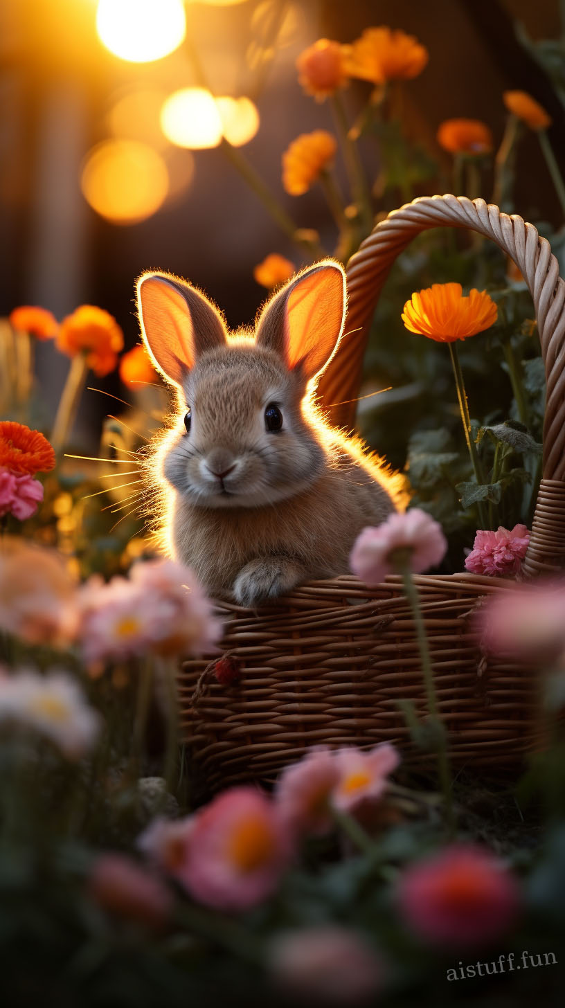кролик сидит утром в плетенной корзине