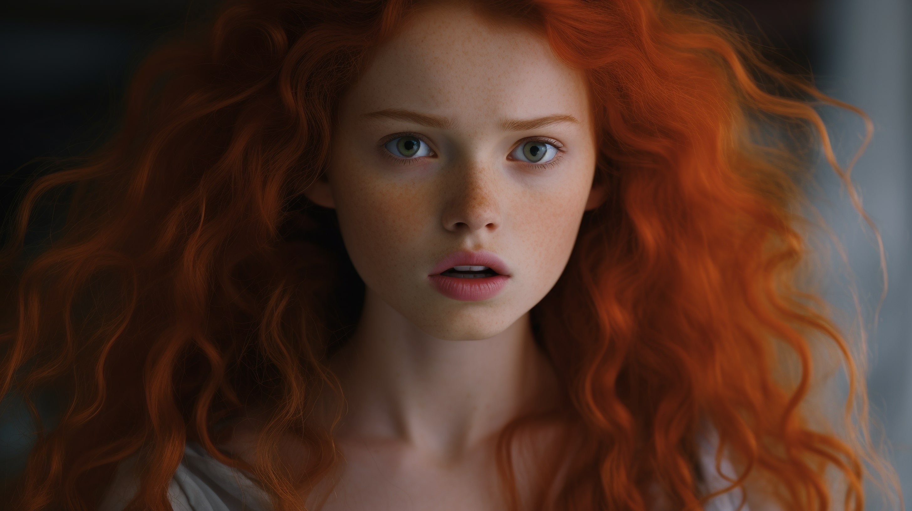 Оранжево-рыжая молодая девушка с приоткрытым ртом