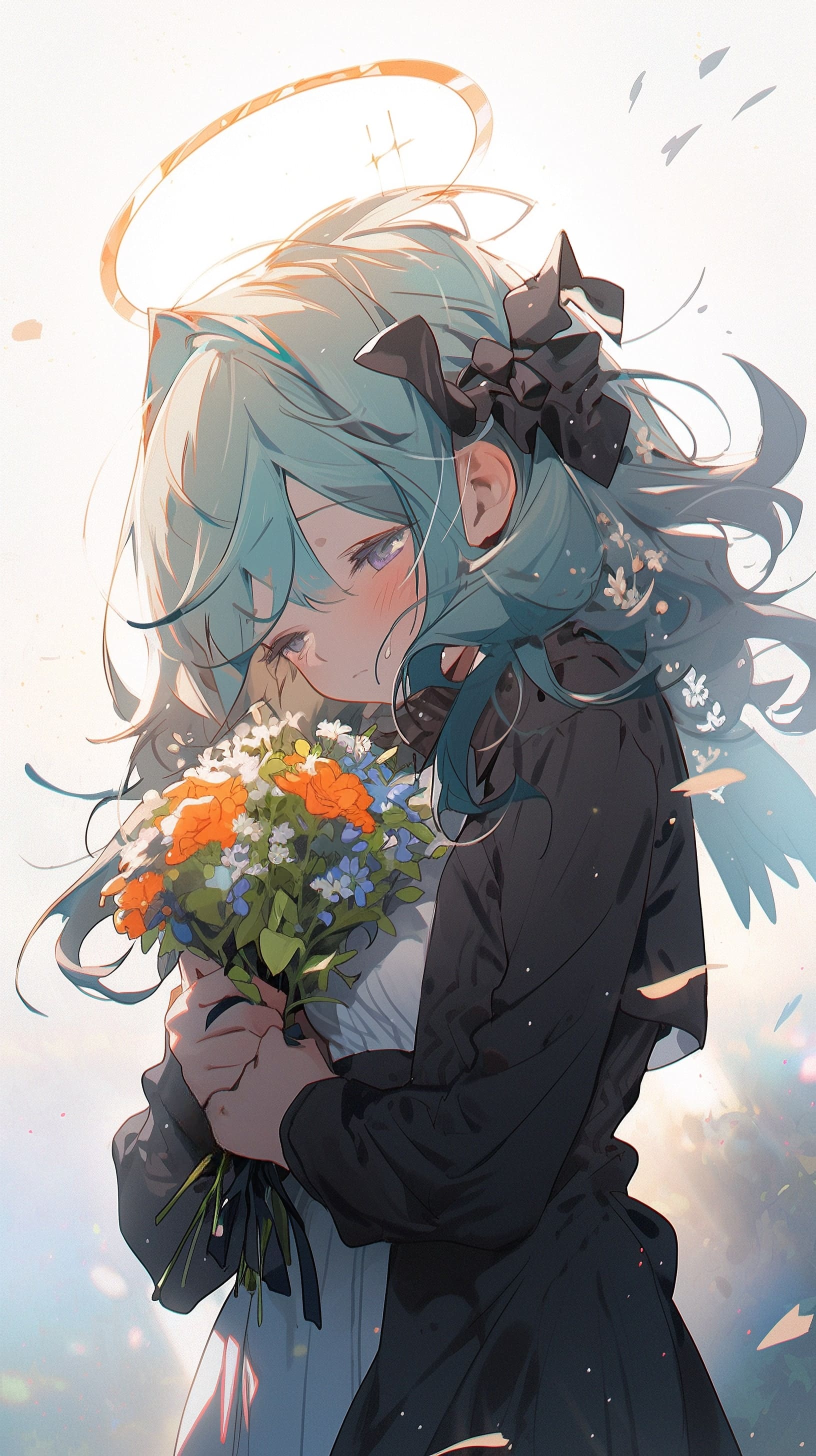 грустная аниме девушка с нимбом держит букет цветов