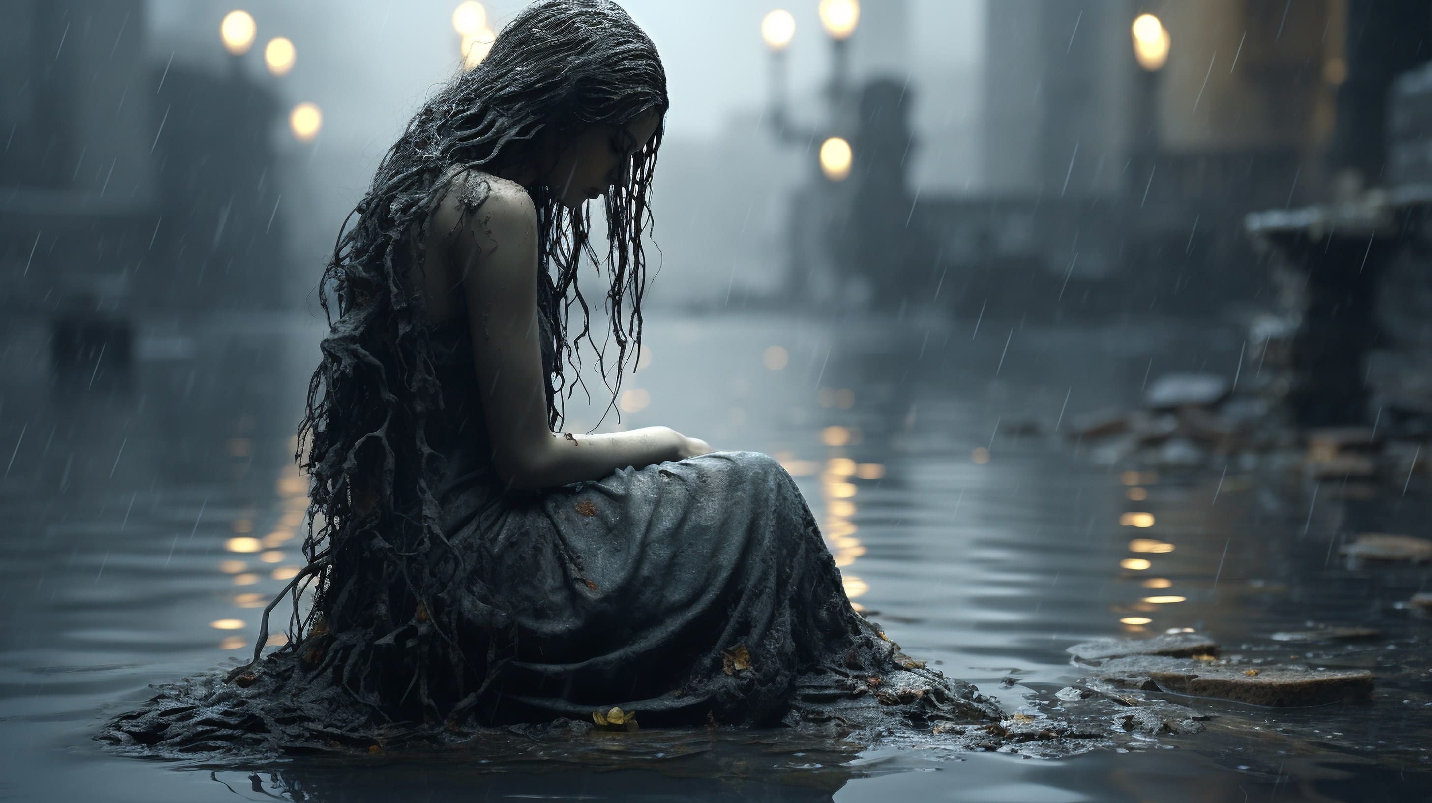 грустная девушка сидит в луже под дождем