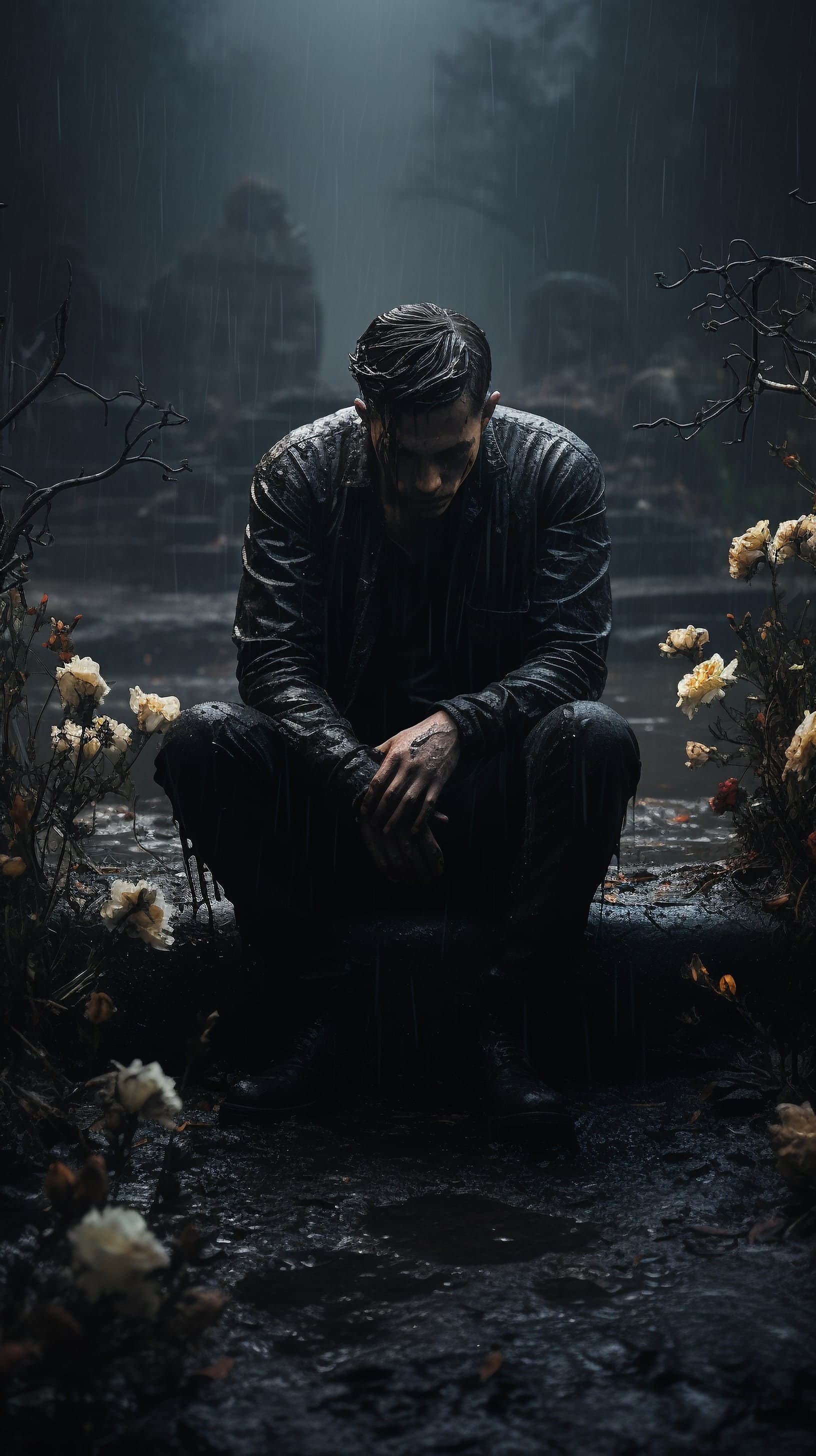 грустный мужчина сидит в грязи под дождем