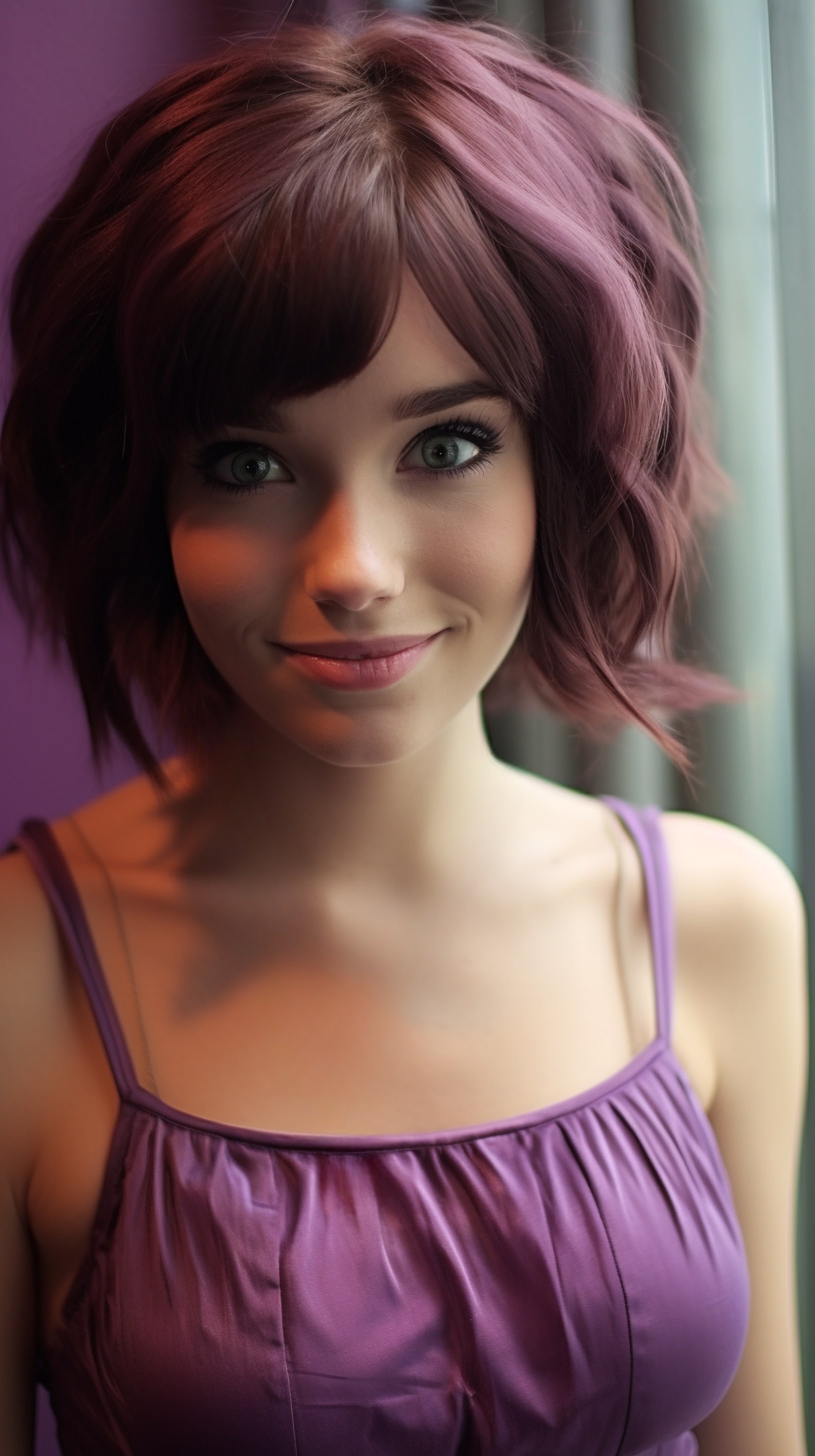 Girl with short dark colored hair in purple dress
