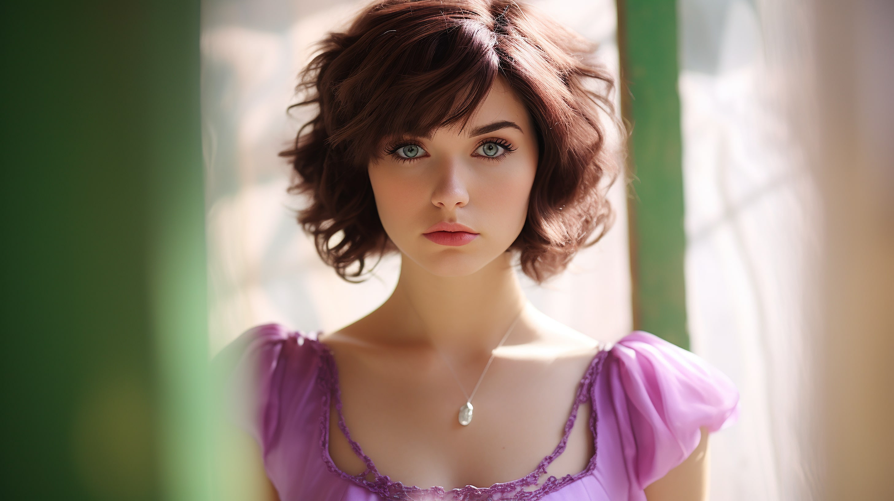 Beautiful short-haired girl in a pink dress