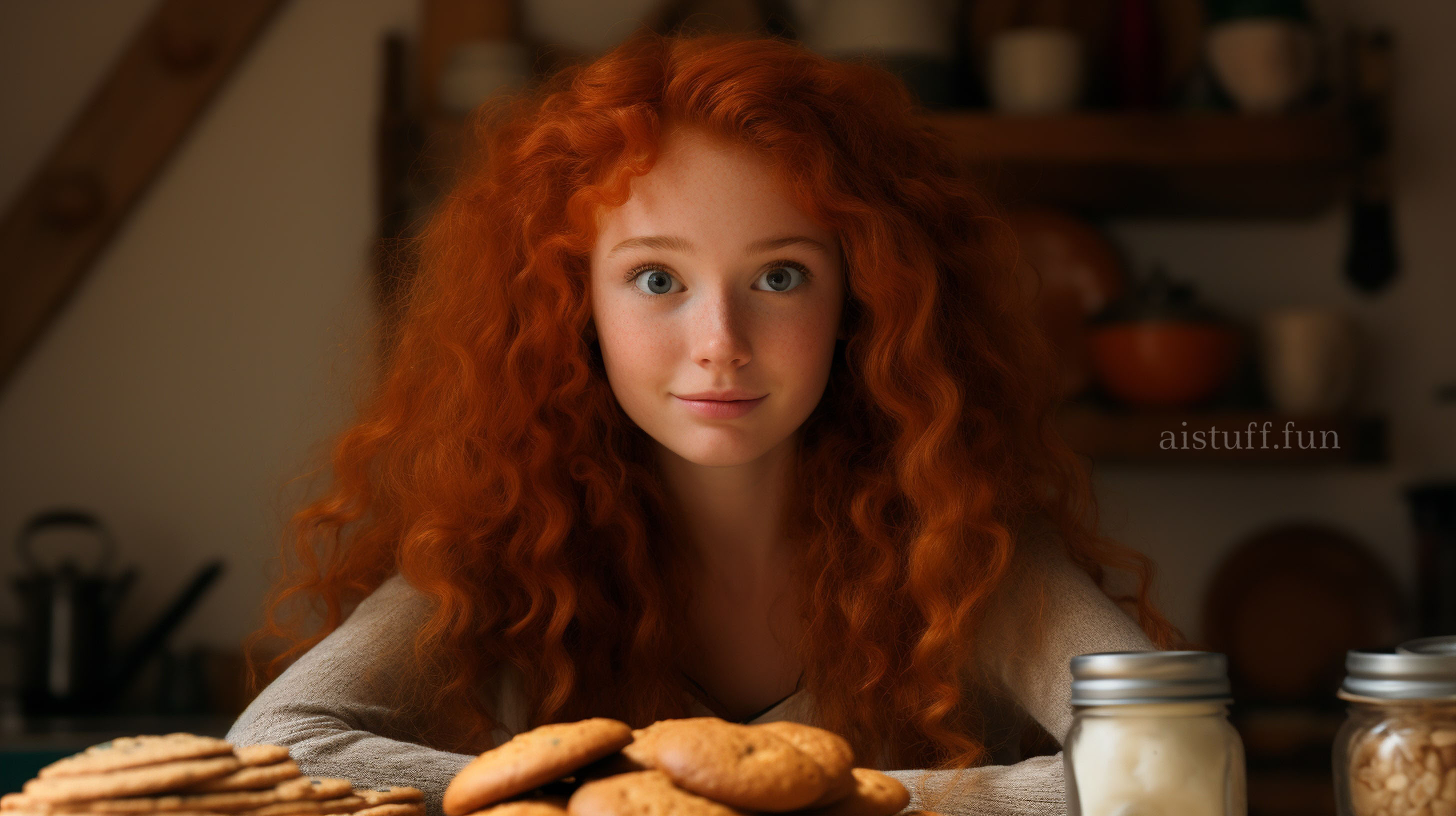 Рыжая девочка с легкой улыбкой сидит за кухонным столом