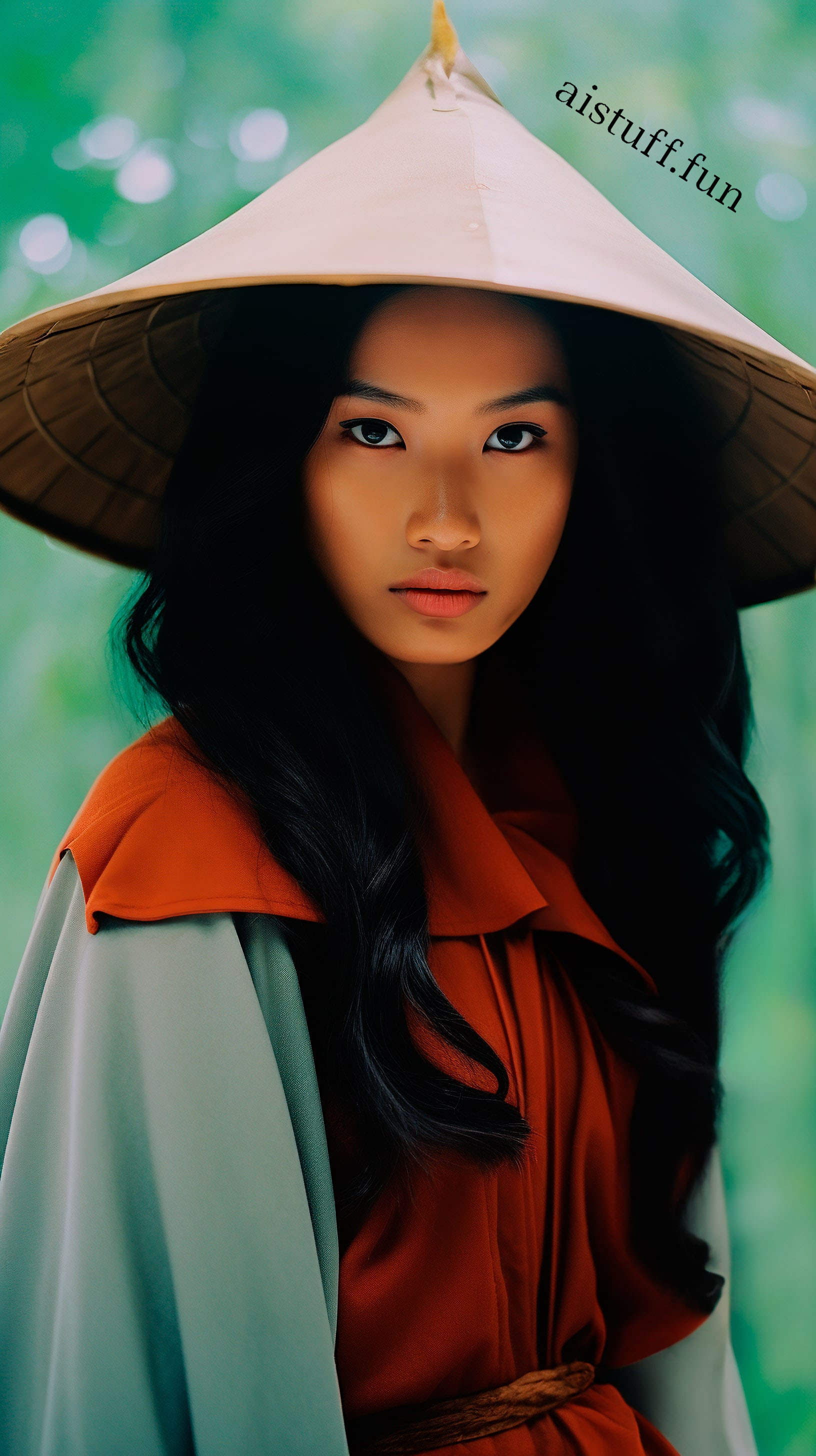Vietnamese girl in Asian hat and red dress