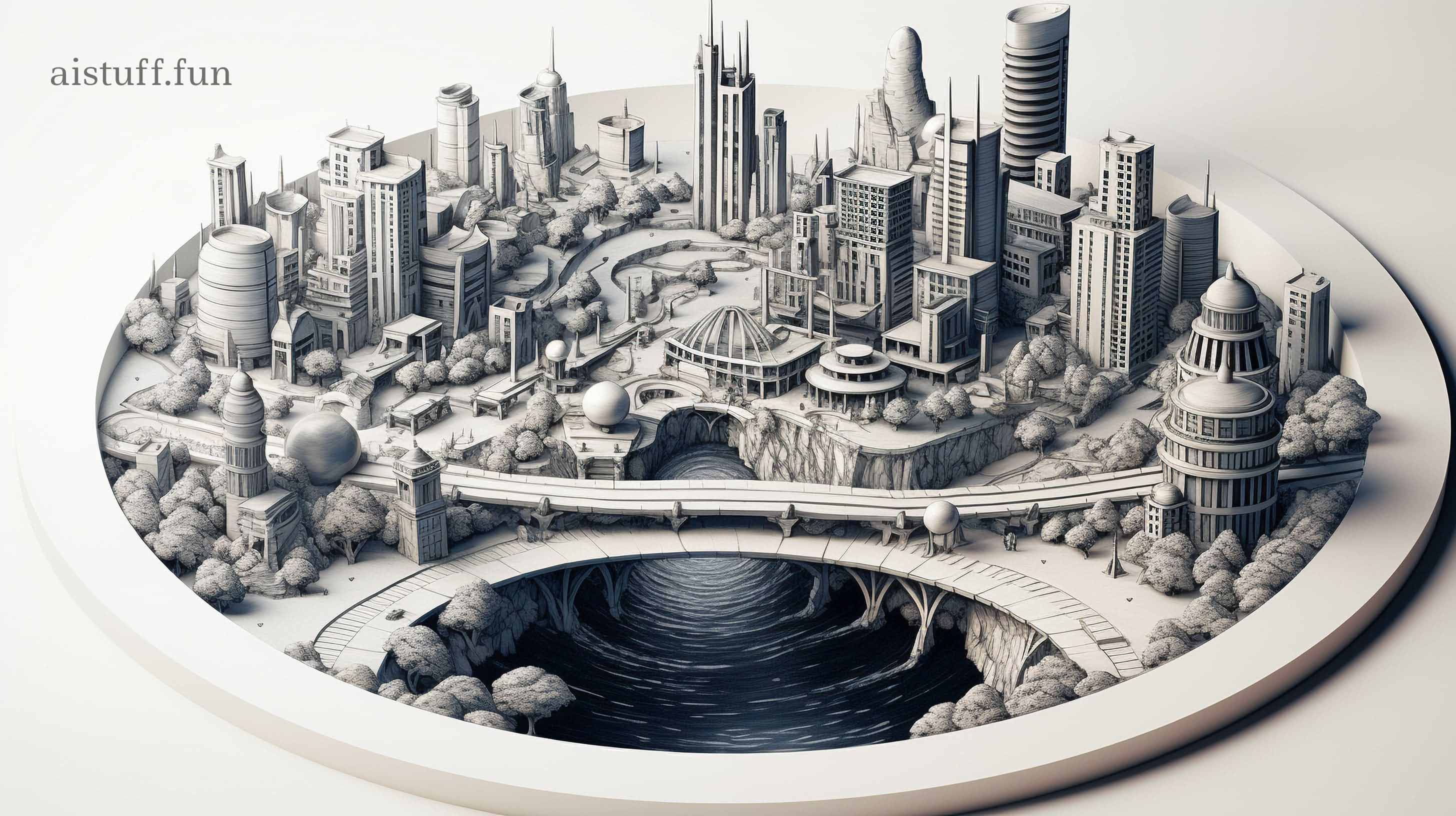 Карандашный, круглый, объемный рисунок города 