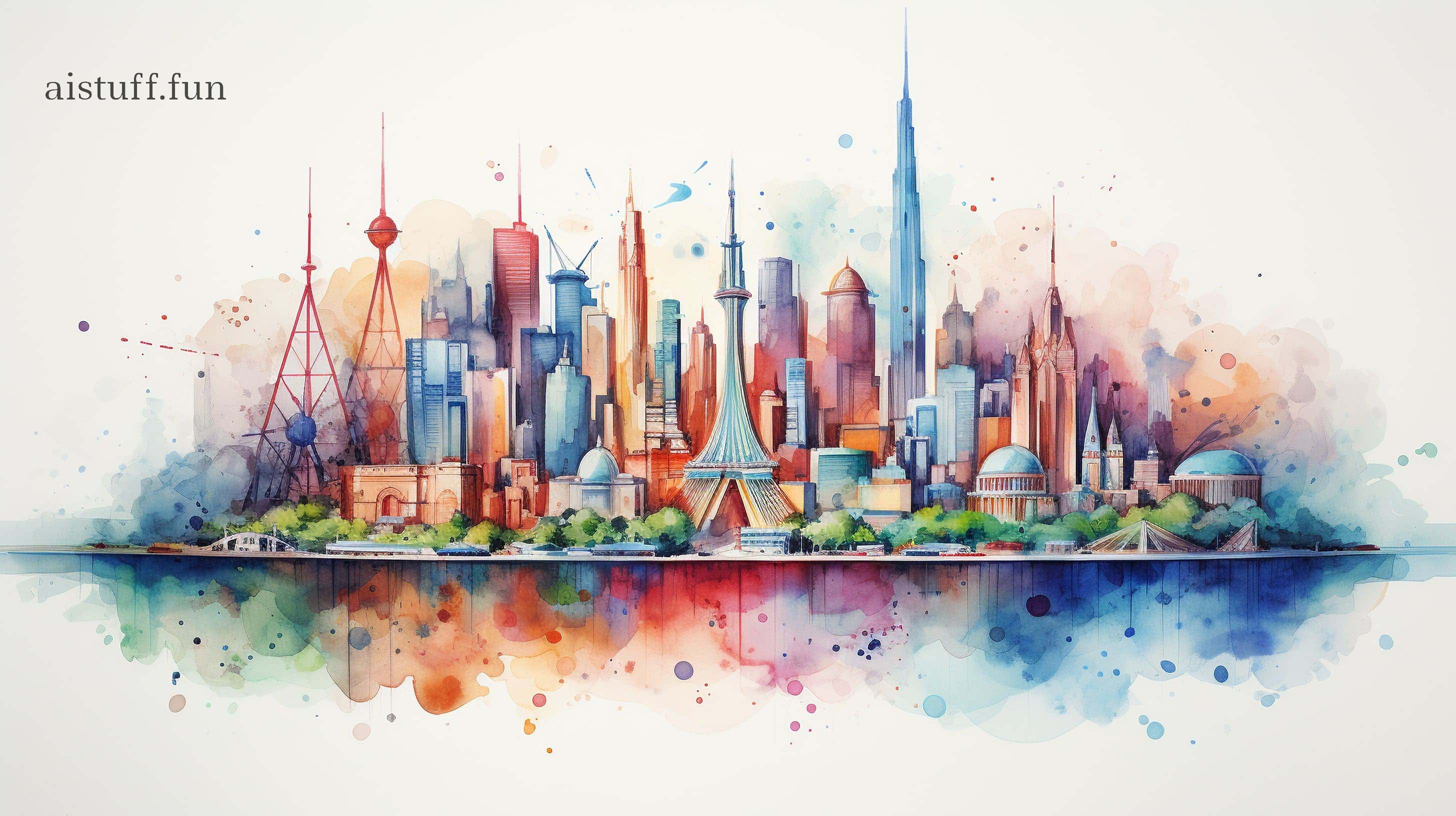 акварельный рисунок мегаполиса с небоскребами