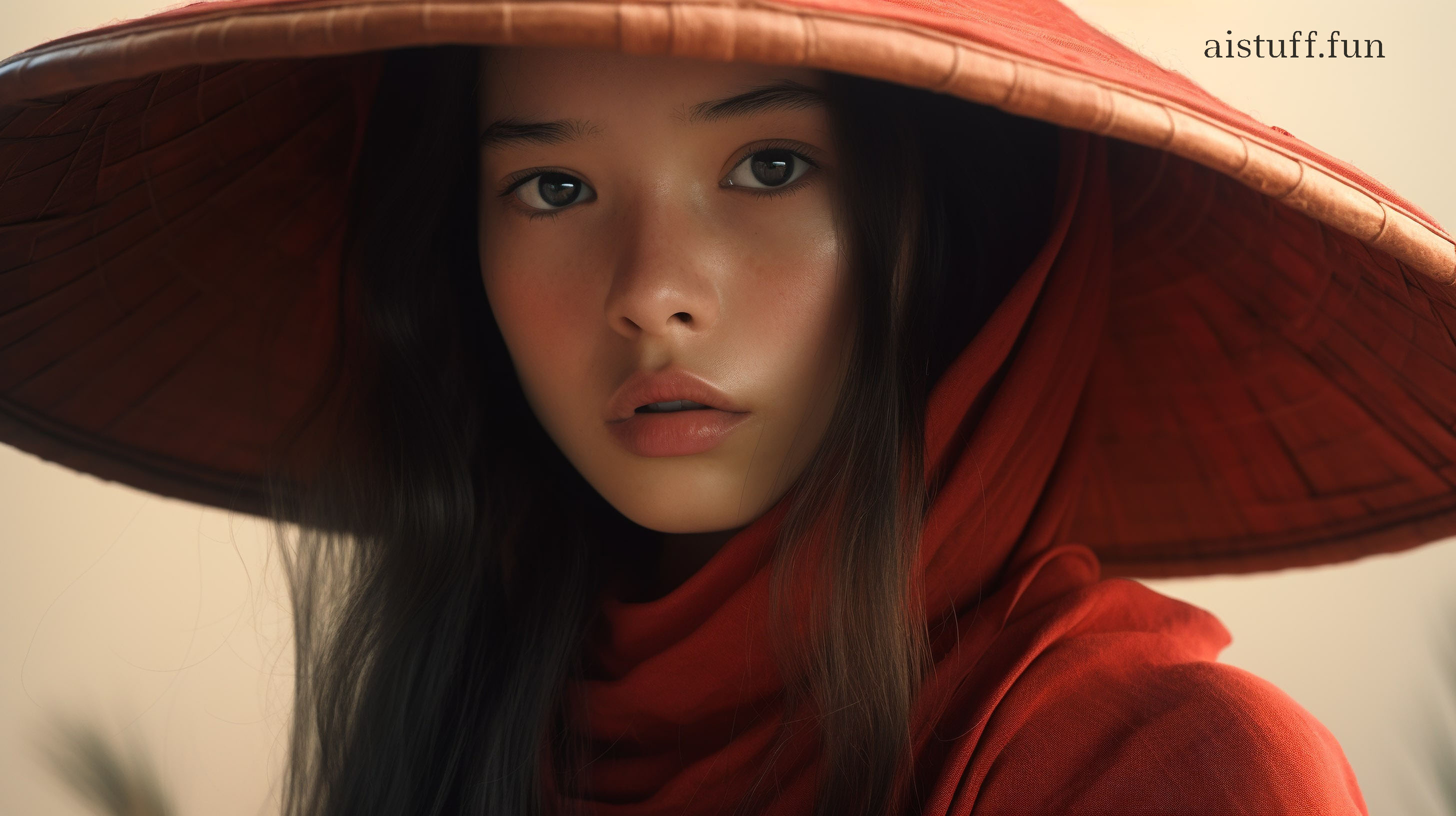 Lovely Asian girl in a wide hat and red cloak