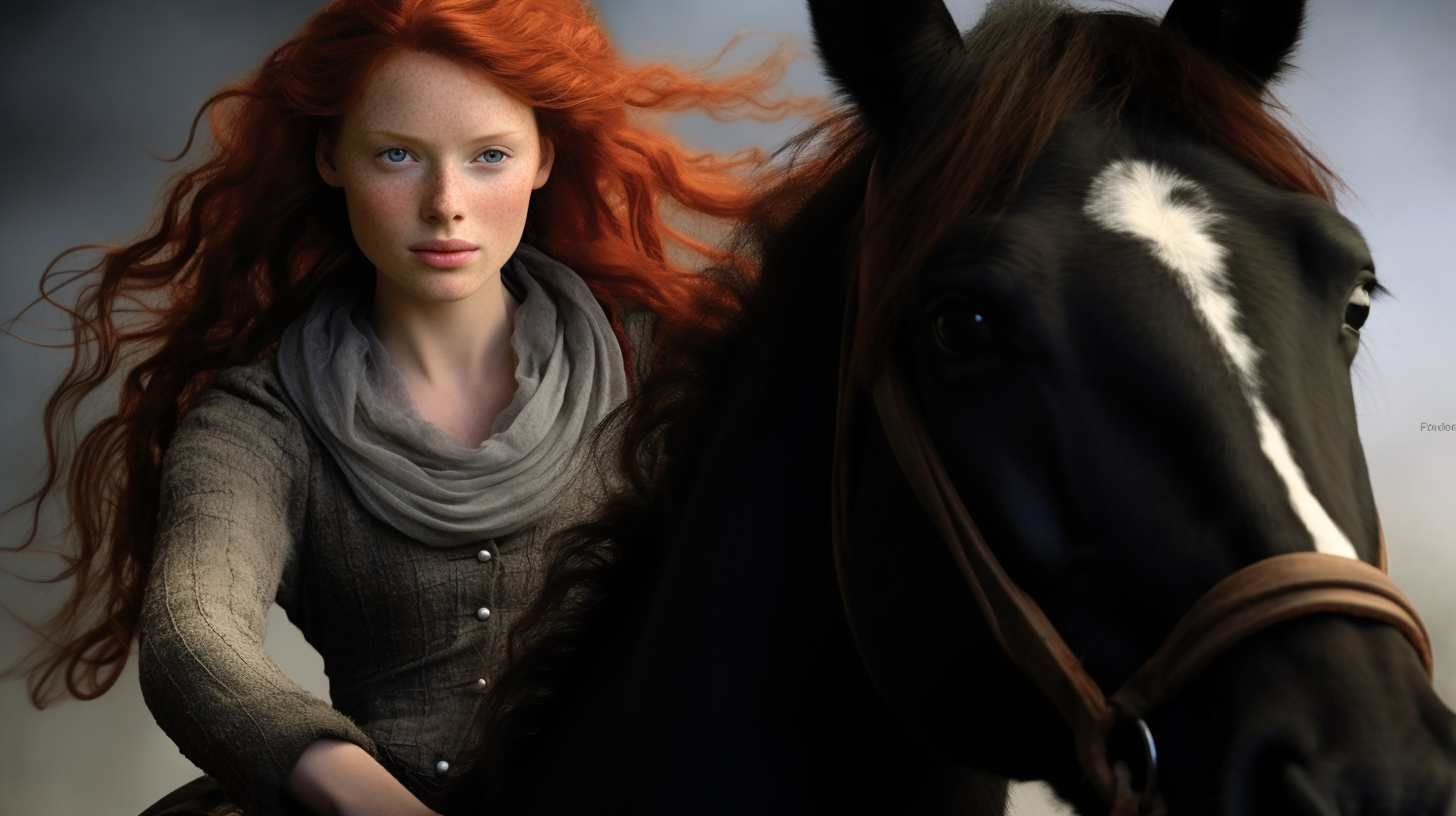 Рыжая веснушчатая девушка сидит на чёрном коне