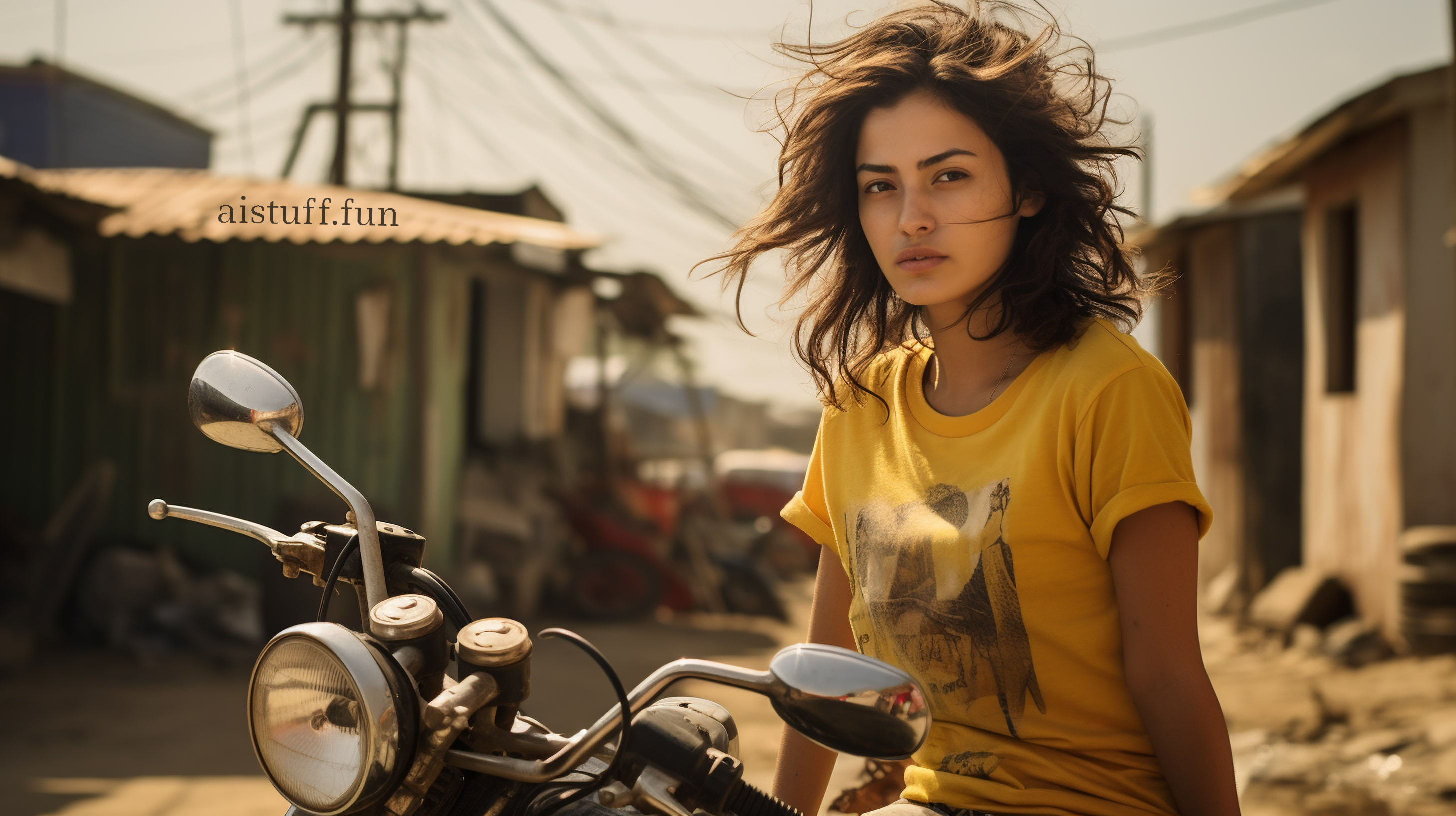 Beautiful girl on a motorcycle with short hair fluttering in the wind