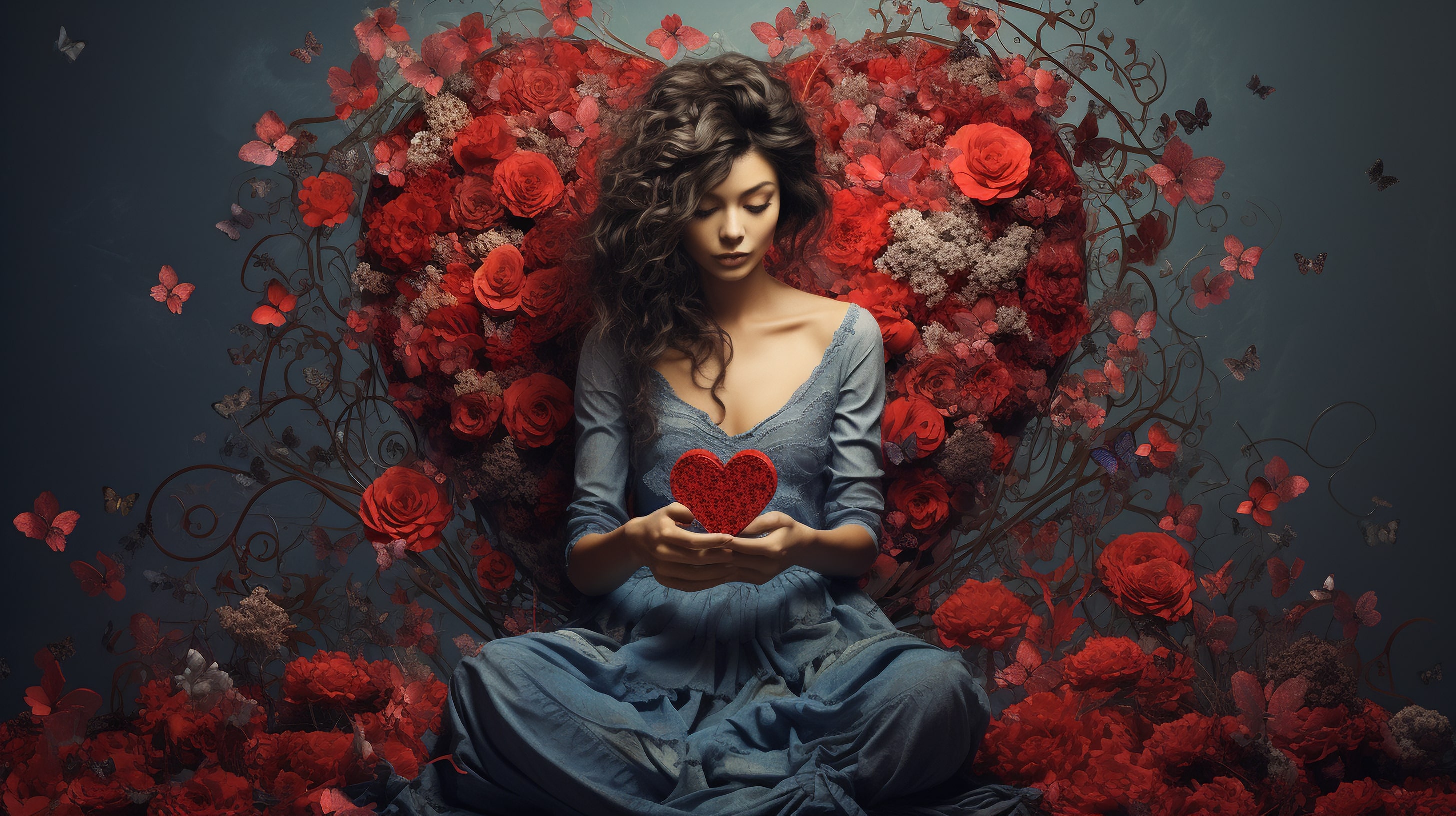молодая женщина сидит с сердечком в руках на фоне красных цветов