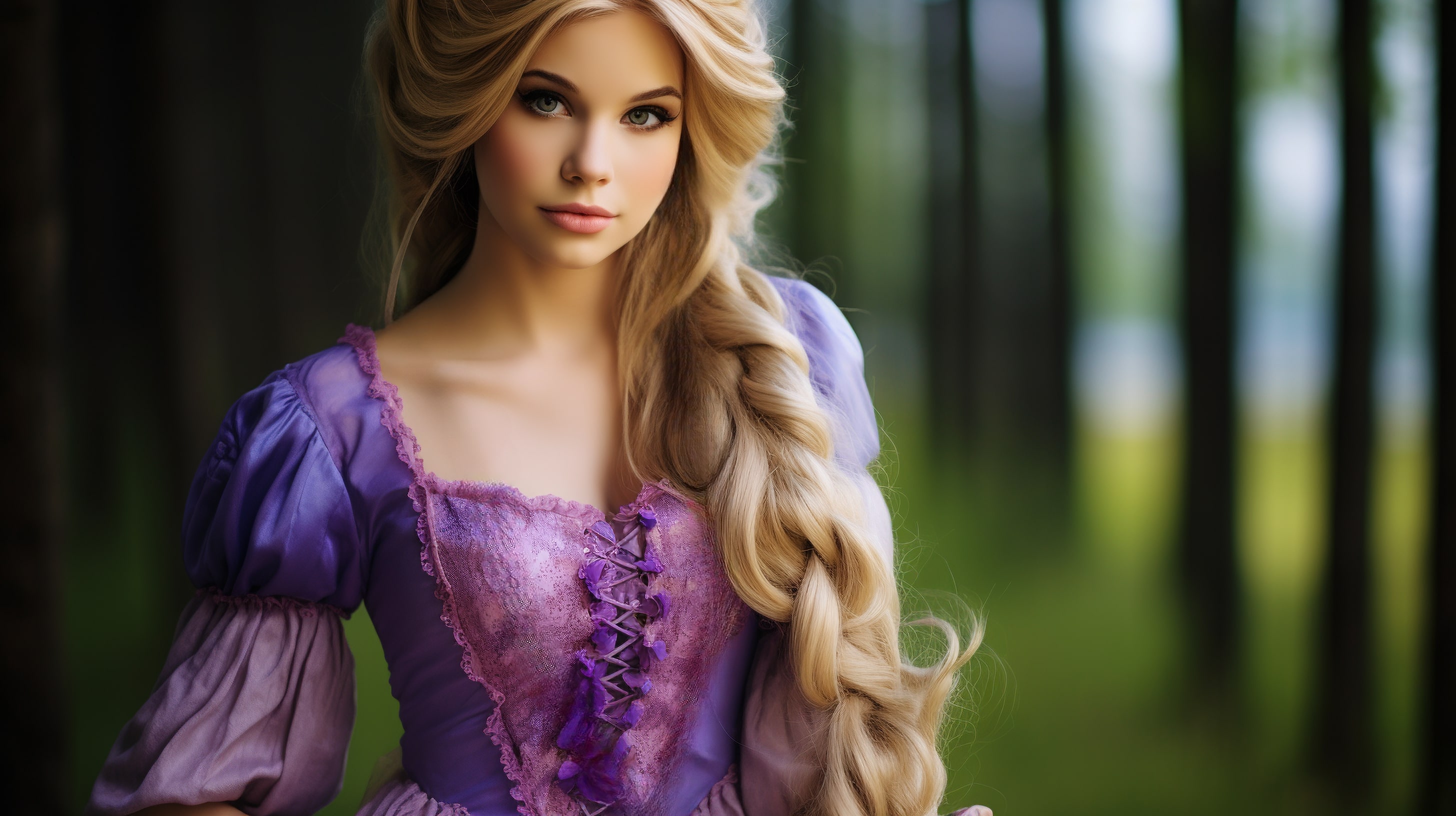 Girl in a beautiful purple dress with a long big braid
