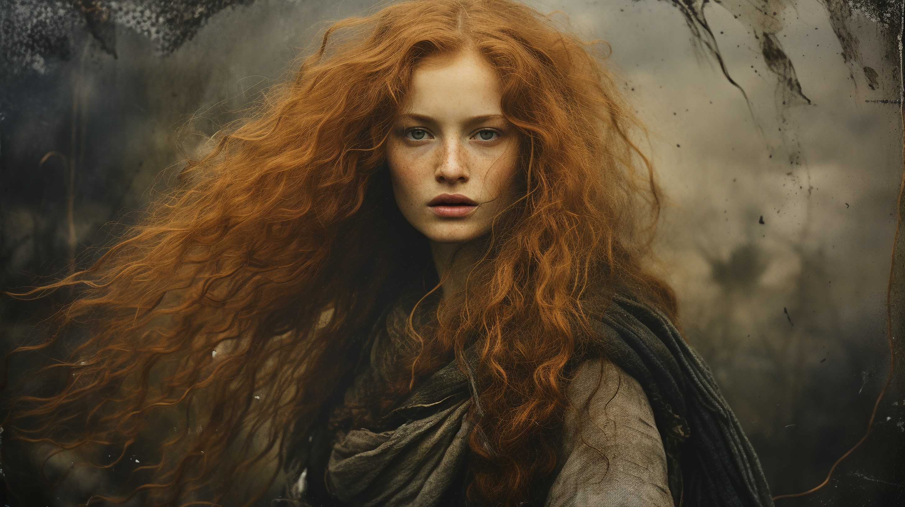 Красивый фотопортрет рыжеволосой девушки в средневековом наряде